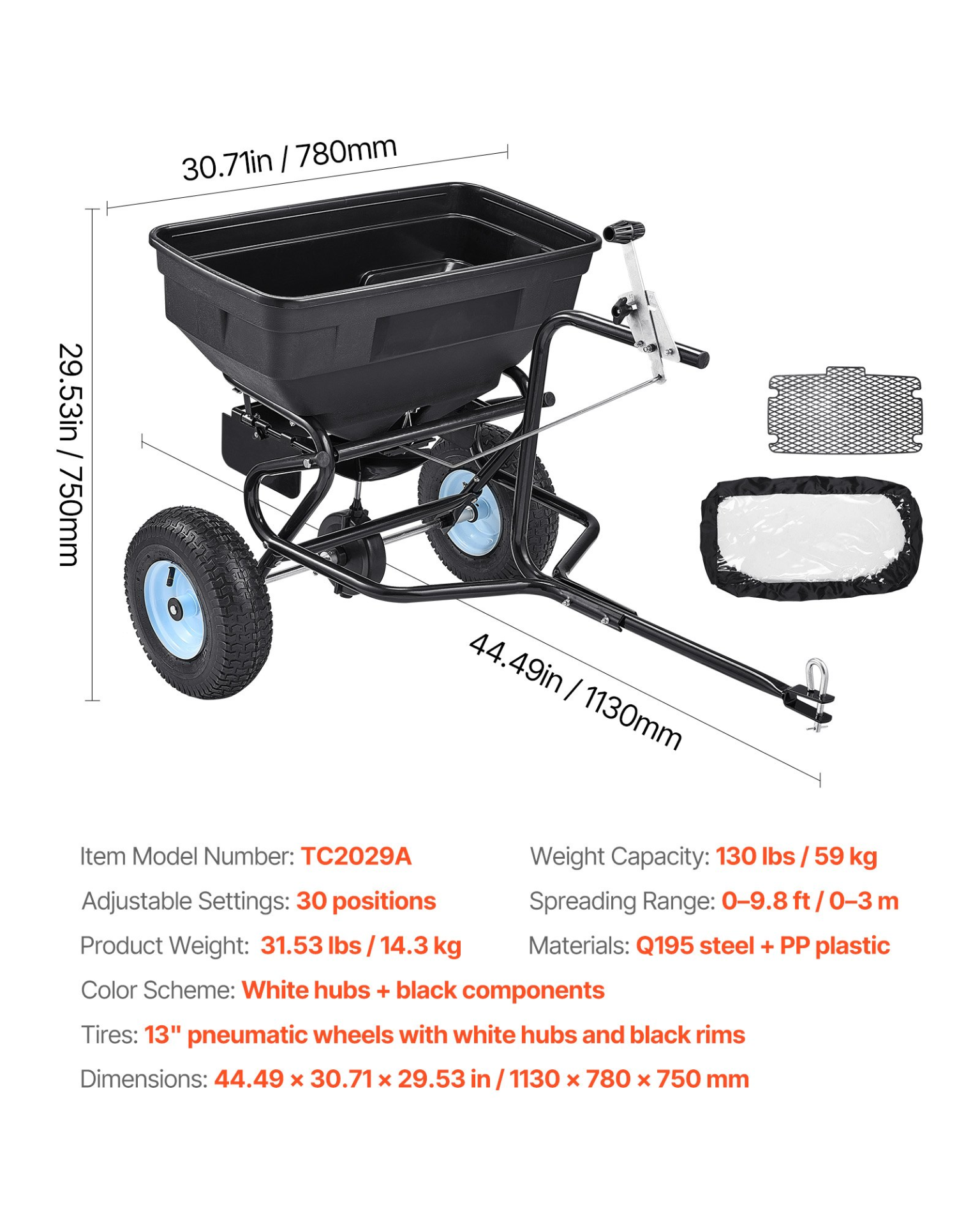 Tow Behind Broadcast Spreader, 130LBS Capacity, Ice Melt