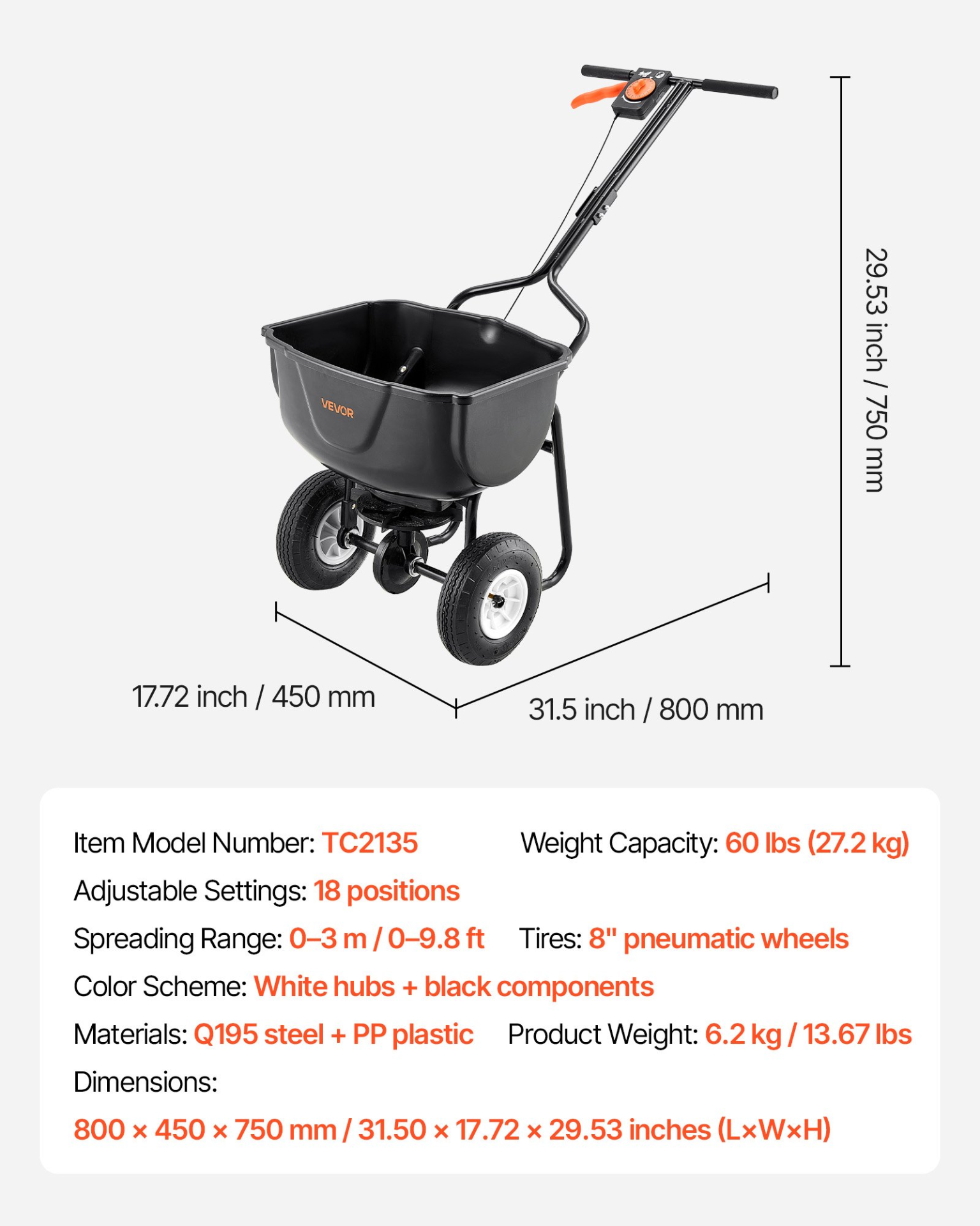 Walk Behind Spreader, 60LBS Capacity, Fertilizer