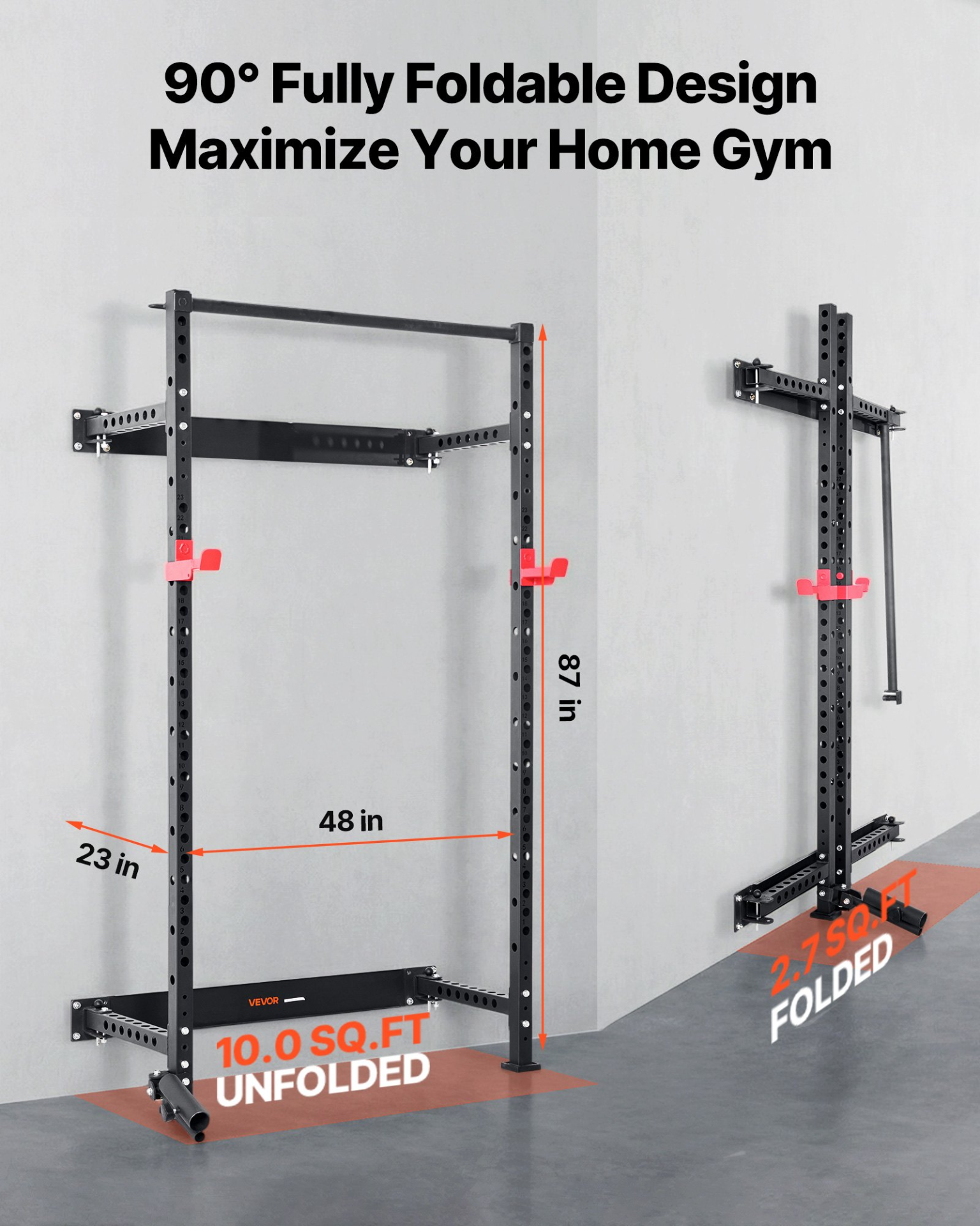 Folding Power Cage Wall Mount Squat Rack 1000LB Home Gym Power Rack