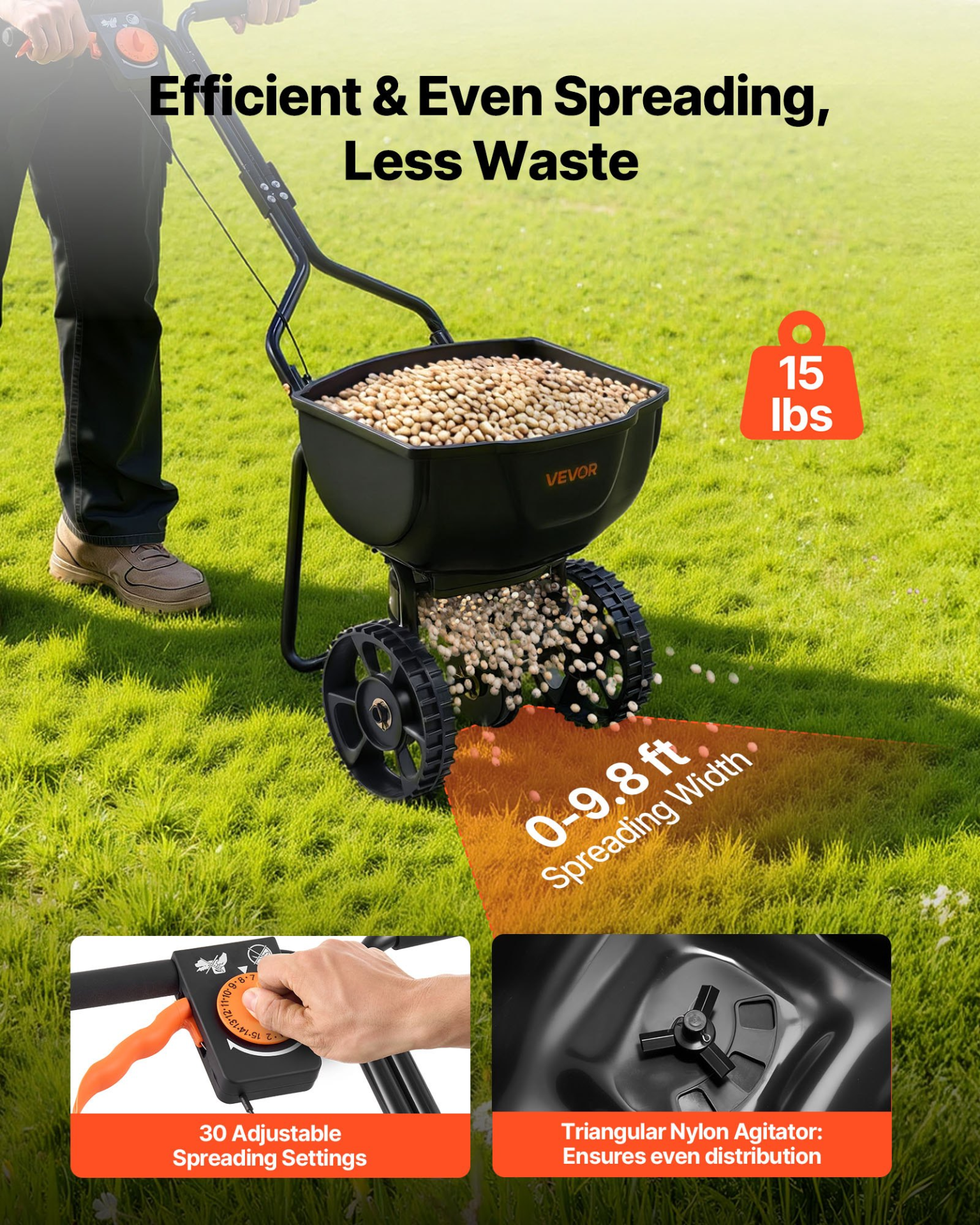 15LB Walk Behind Broadcast Spreader 9.8ft Seed Fertilizer 10″ Tires Lawn