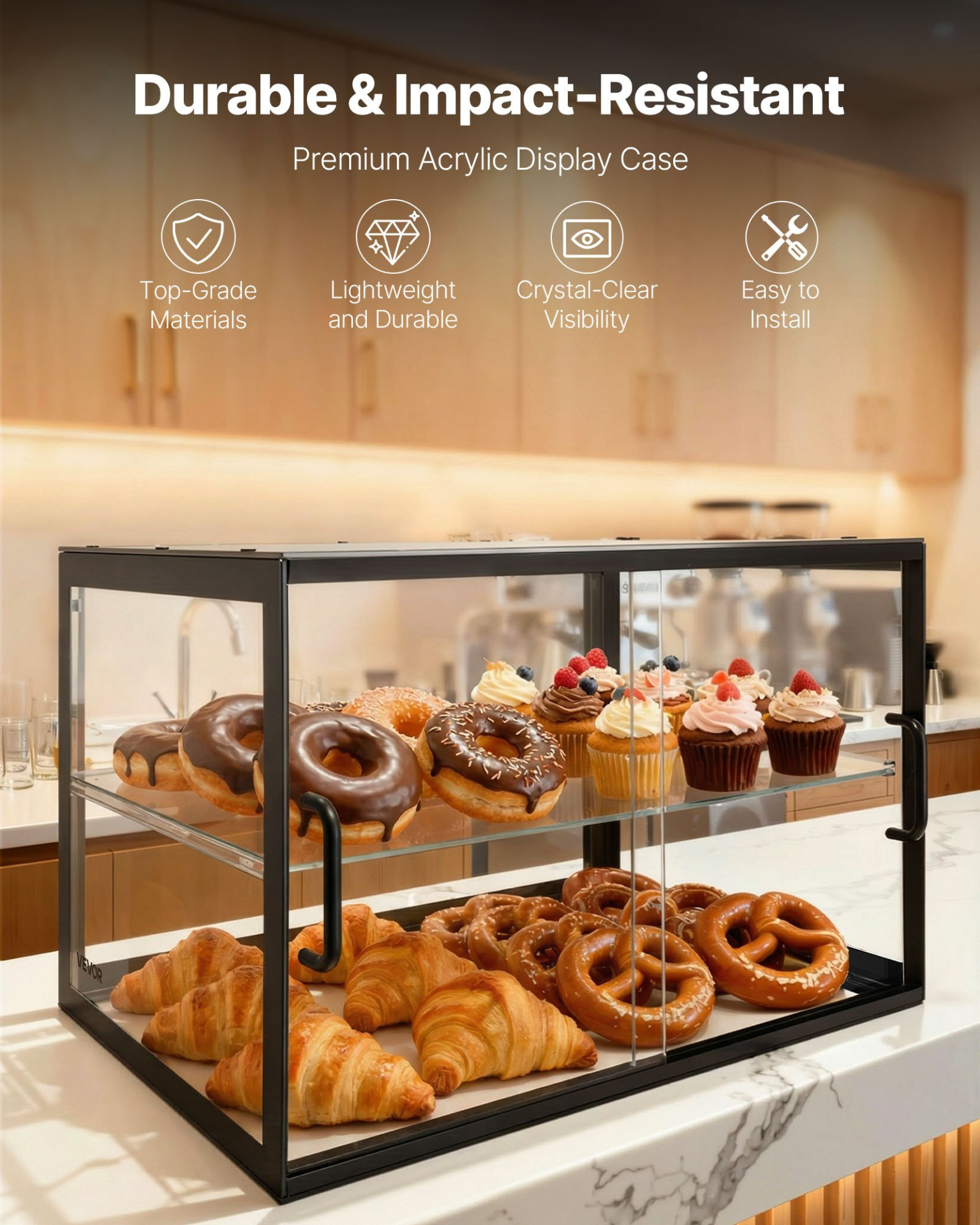 2-Tier Bakery Display Case Acrylic Pastry Cabinet w/ Sliding Door Countertop
