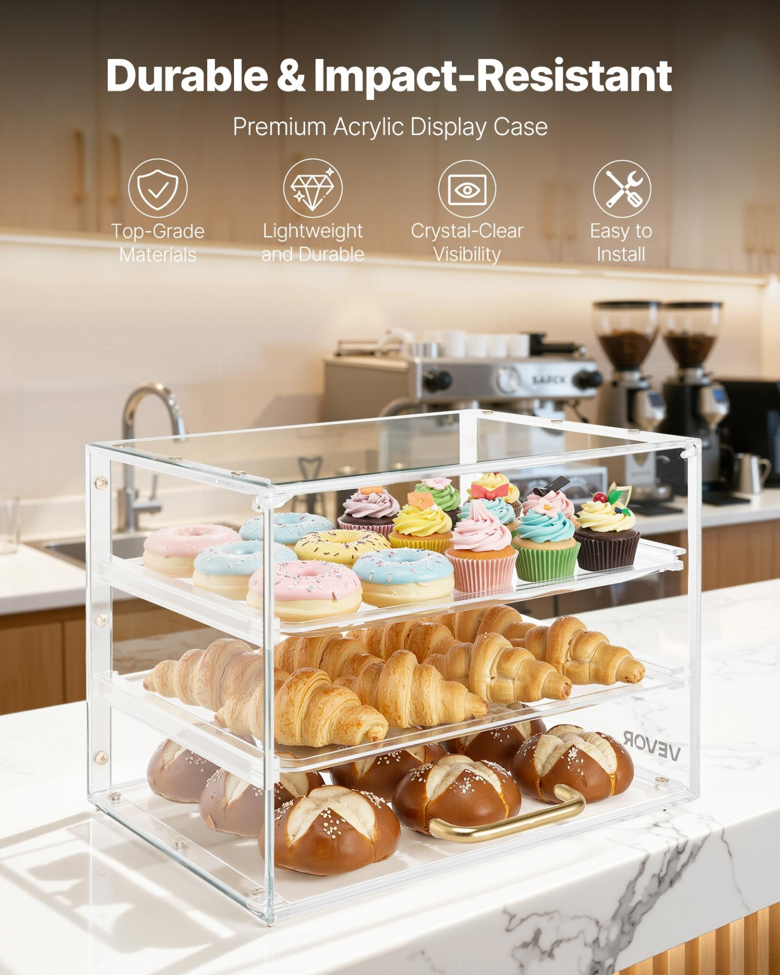 VEVOR 3‑Tier Acrylic Bakery Pastry Display Case Countertop Bread Cookie Box
