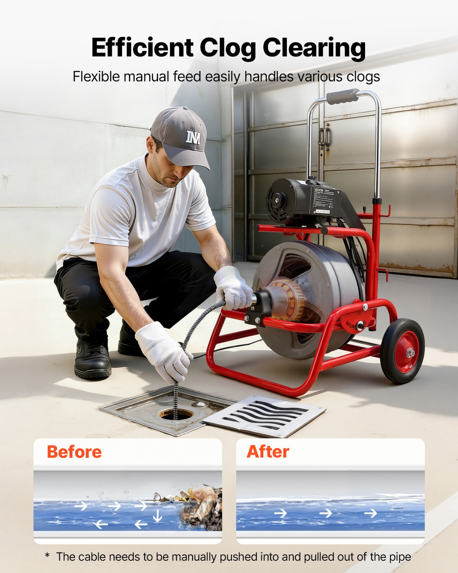 Drain Cleaner Machine 75 FT x 1/2 Inch, Sewer Snake Auger on Wheels, Manual Fee