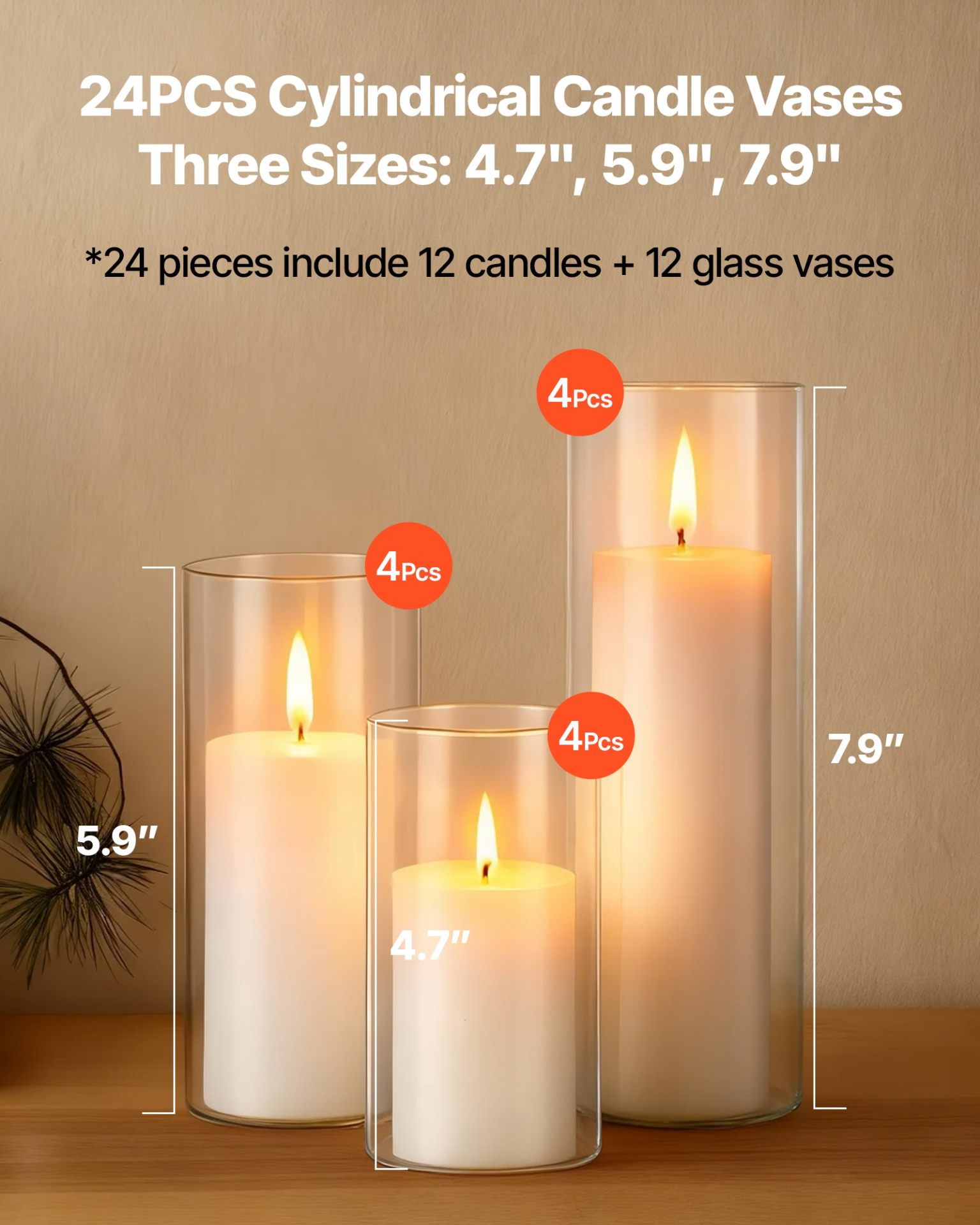 VEVOR 24 Pcs Pillar Candles & Glass Vases Set, Hurricane Holders for Decor