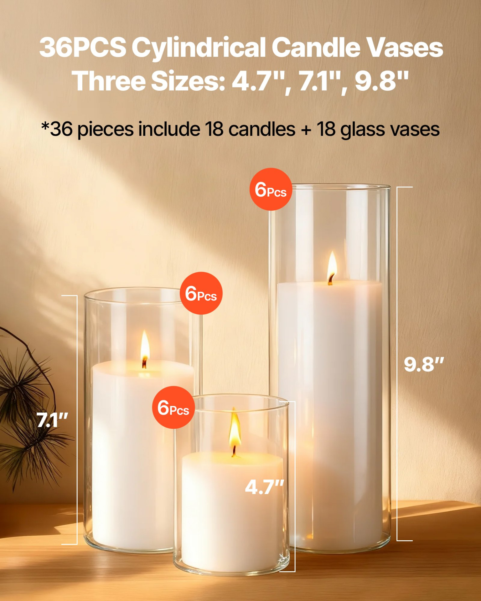 VEVOR 36 Pcs Pillar Candles & Glass Vases Set, Large Hurricane Holders Wedding