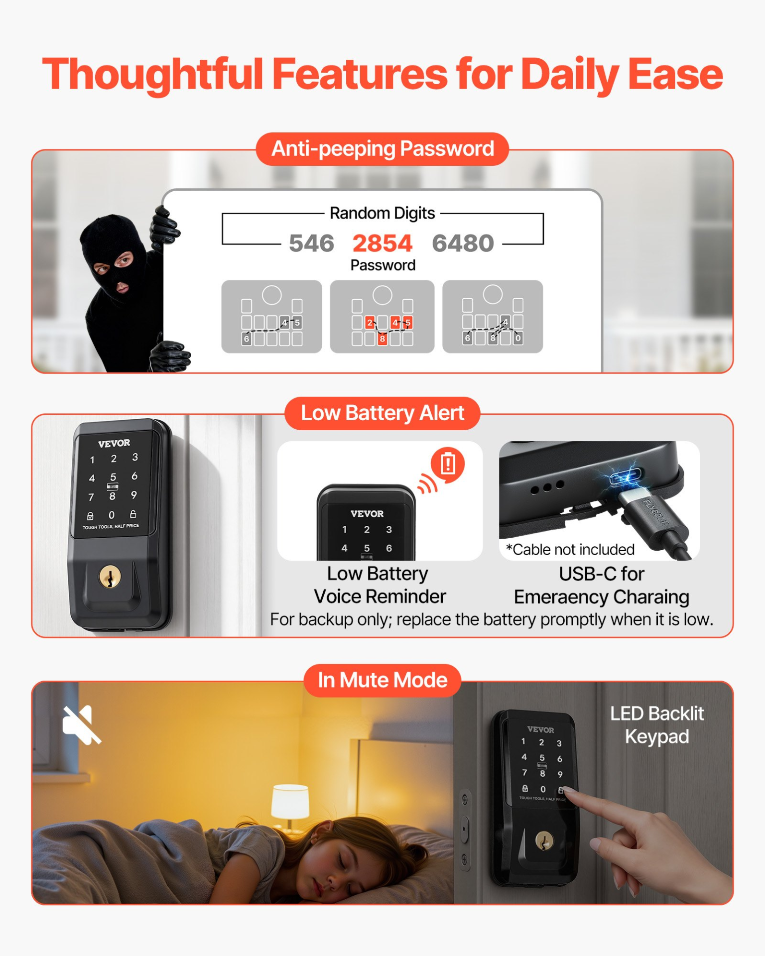 Keyless Entry Door Lock, Touchpad Electronic Deadbolt with IC Card, Matte Black