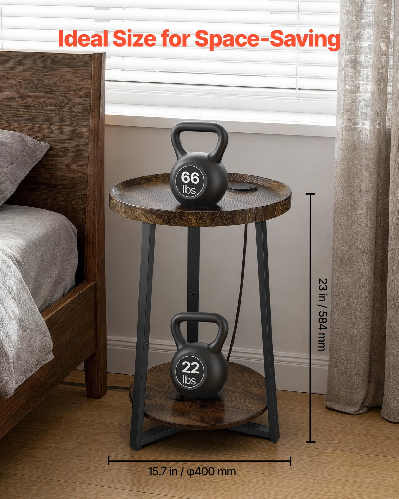 End Table, 2-Tier Round Side Table with Open Storage Shelves, Brown