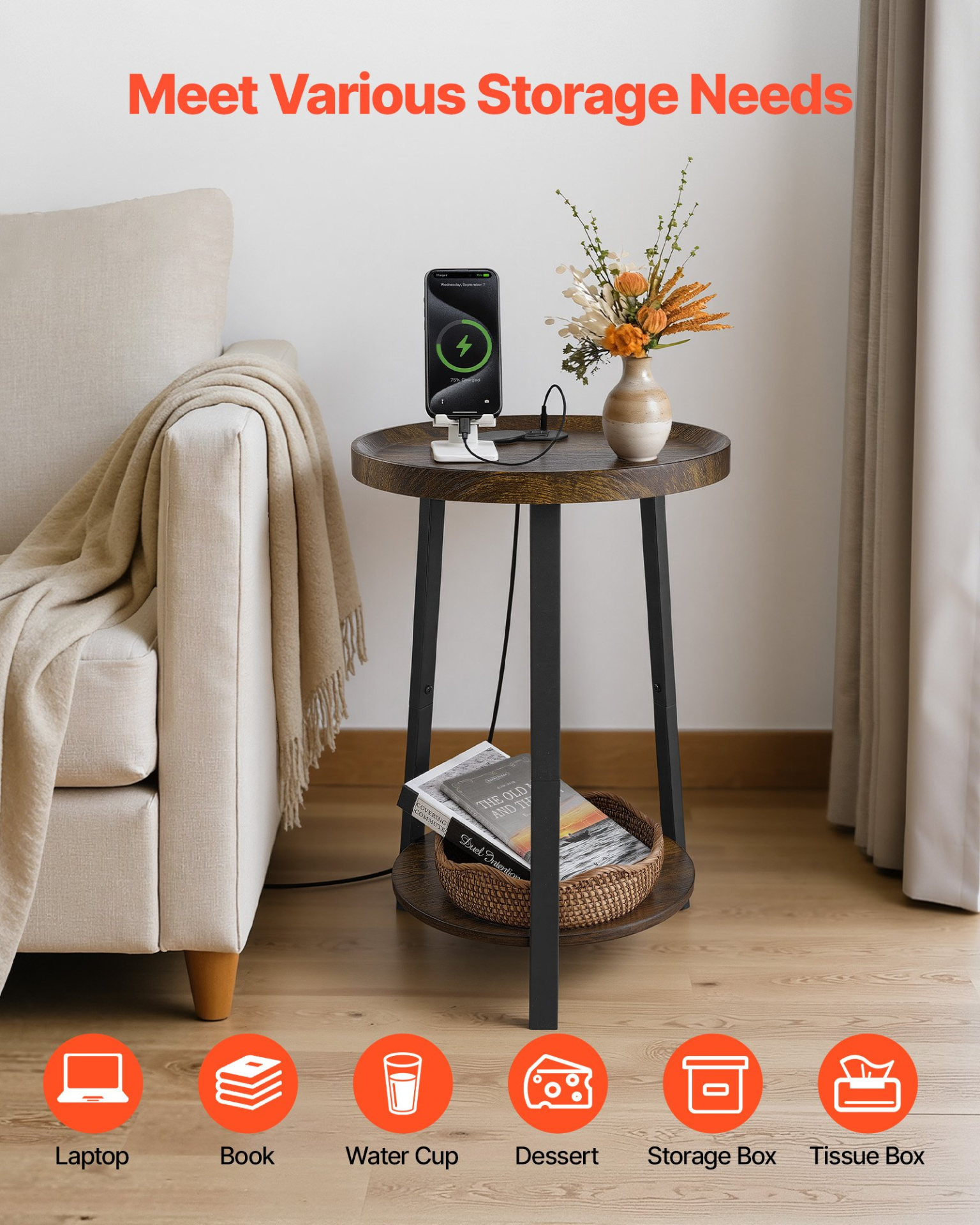 End Table, 2-Tier Round Side Table with Open Storage Shelves, Brown