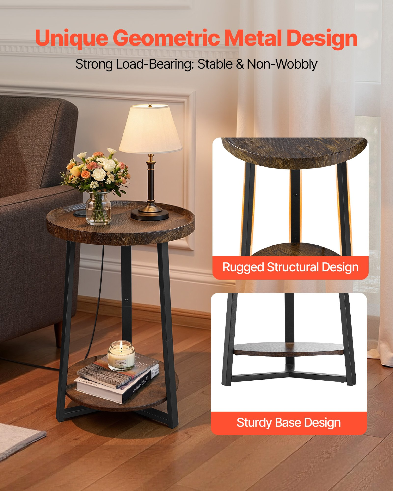 End Table, 2-Tier Round Side Table with Open Storage Shelves, Brown