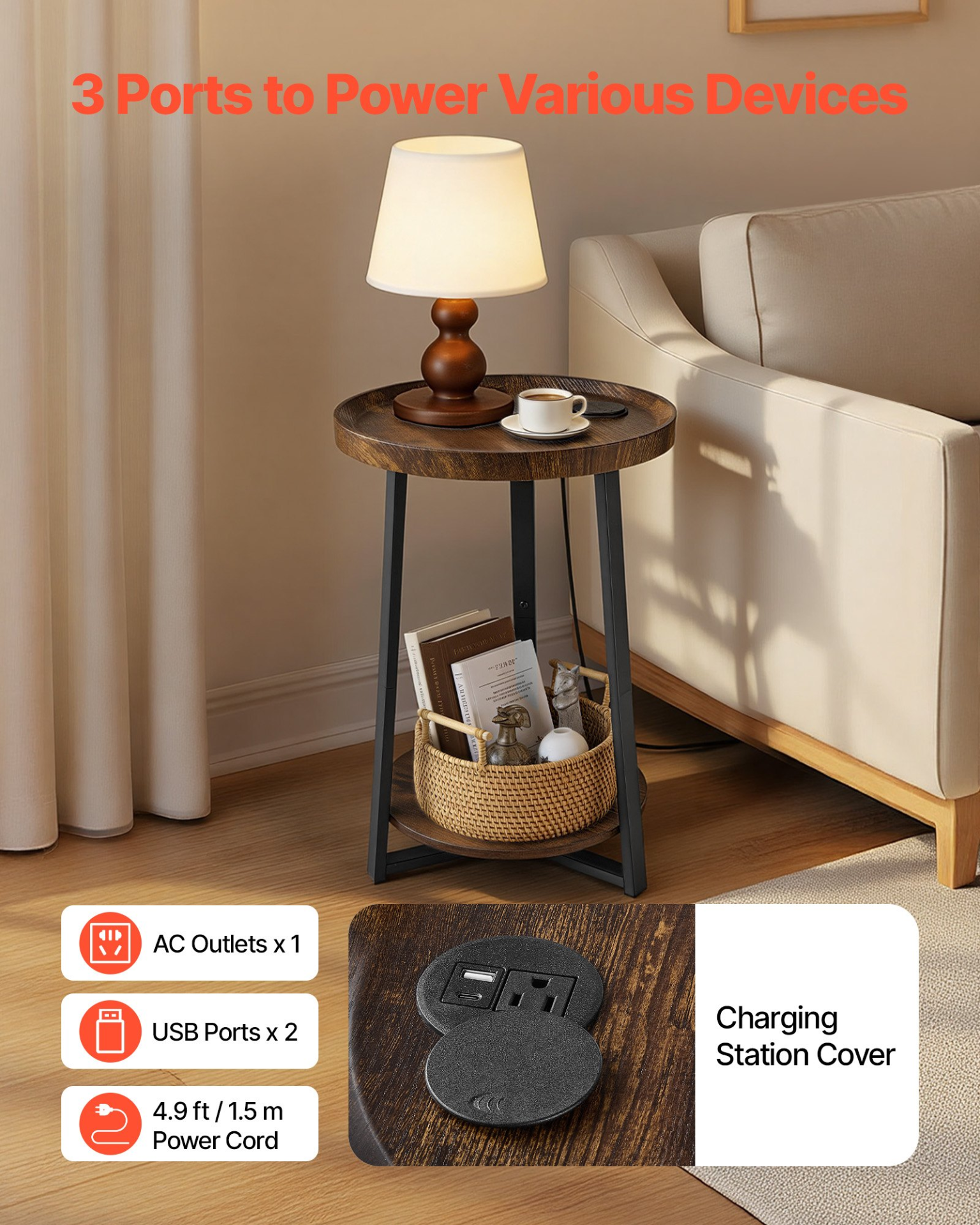 End Table, 2-Tier Round Side Table with Open Storage Shelves, Brown