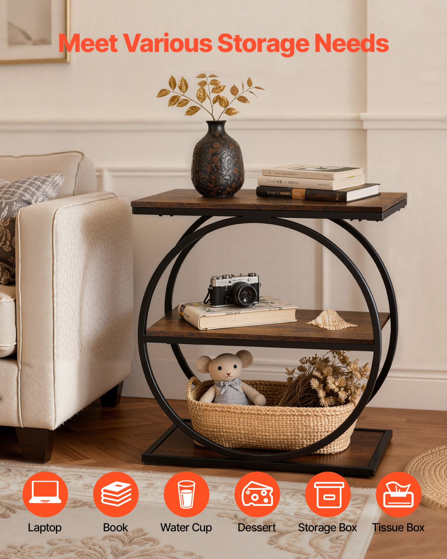 End Table, 3-Tier Narrow Side Table with Open Storage Shelves, Rustic Brown