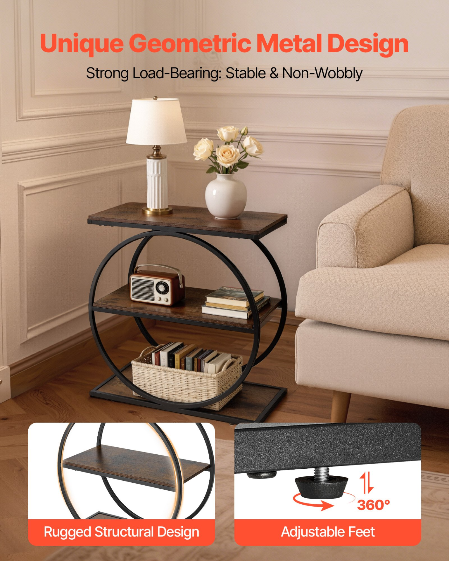 End Table, 3-Tier Narrow Side Table with Open Storage Shelves, Rustic Brown