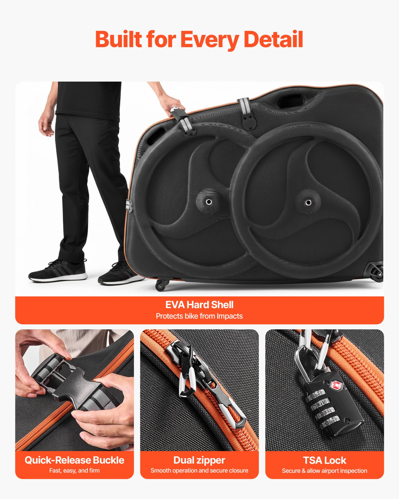 Bike Travel Case EVA Hard Shell w/ Wheels TSA Lock for 700C Road Bike