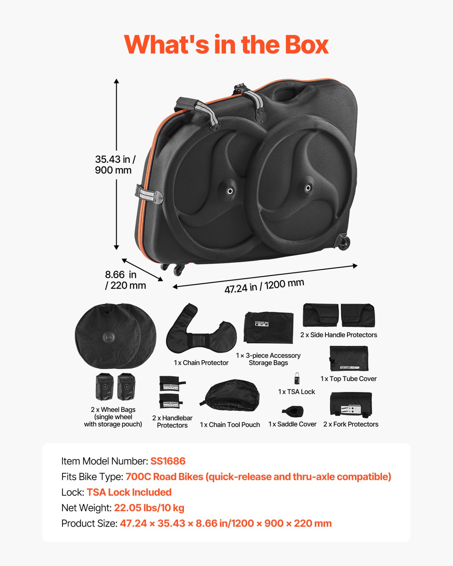 Bike Travel Case EVA Hard Shell w/ Wheels TSA Lock for 700C Road Bike