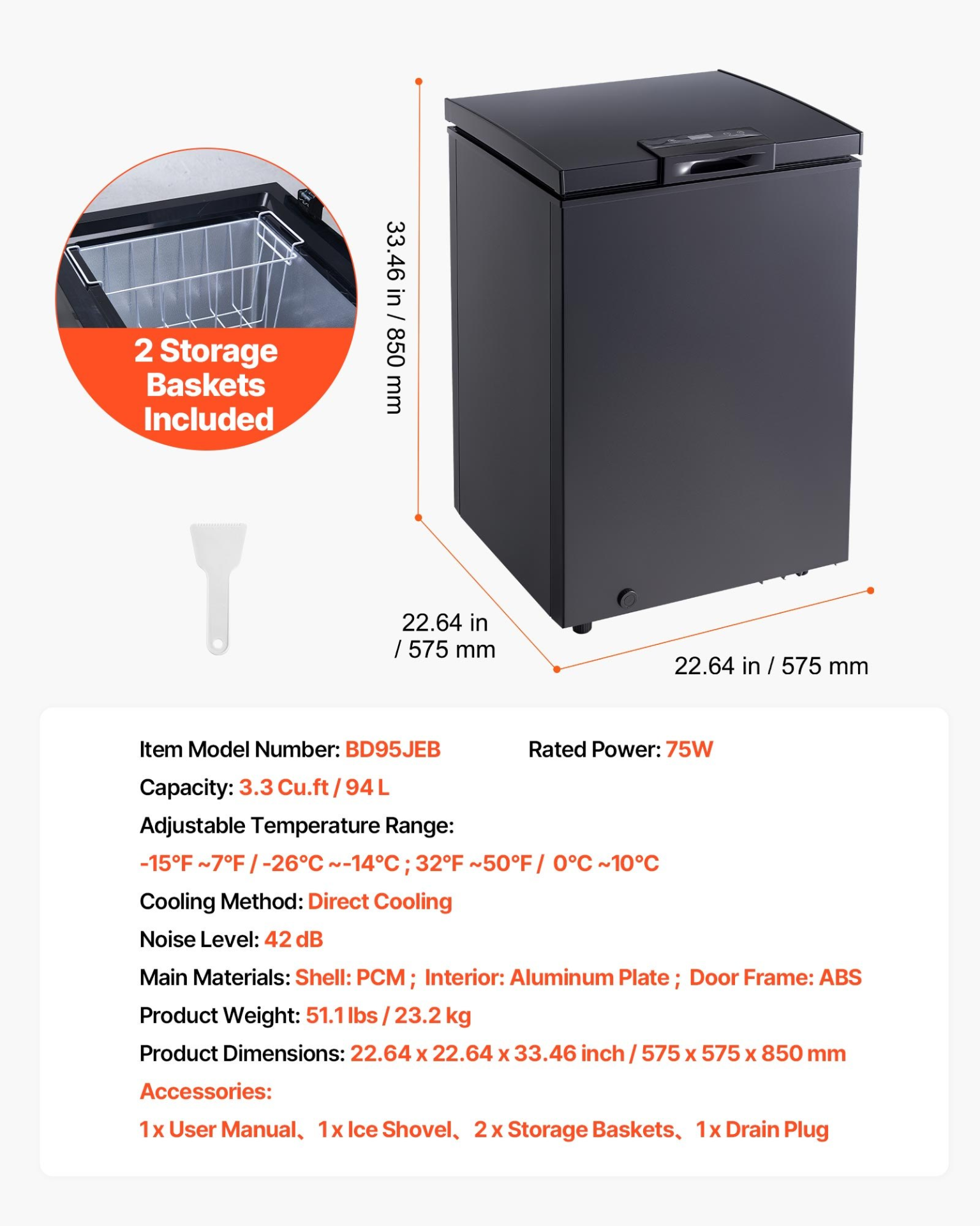 Chest Freezer 3.3 Cu Ft Compact Deep Freezer Garage Ready Black