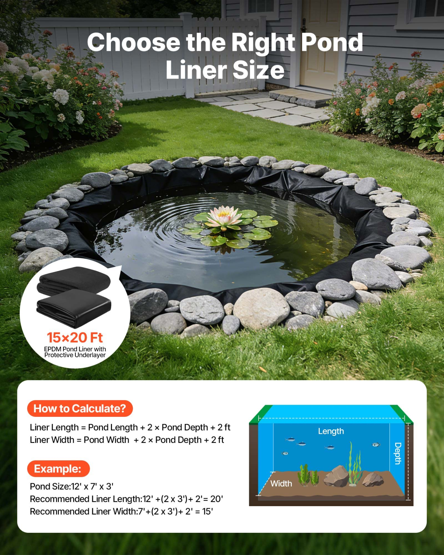 Pond Liner 15 x 20 ft, 45 Mil, Black