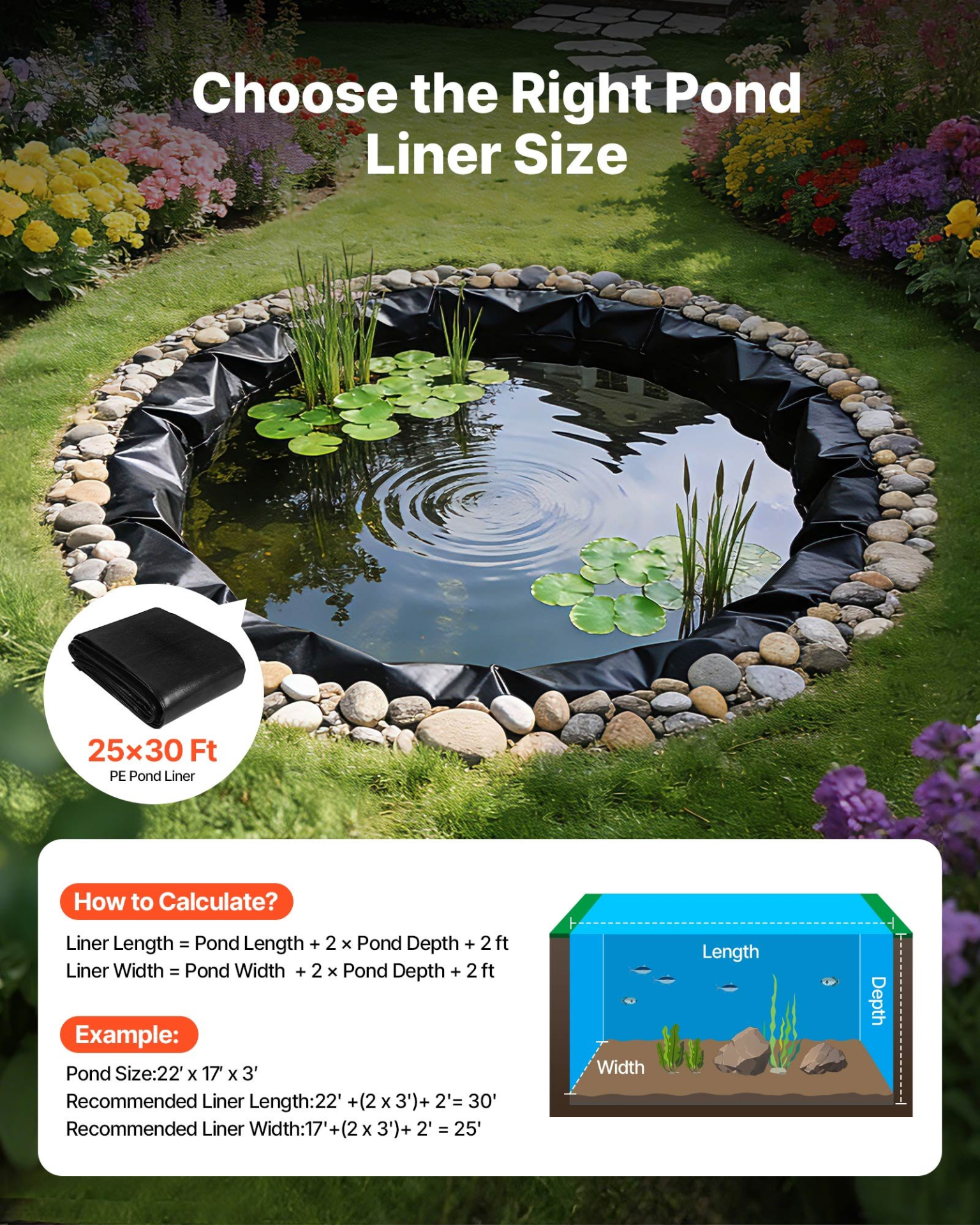 25 x 30 ft Pond Liner, 14 Mil Thickness, Black