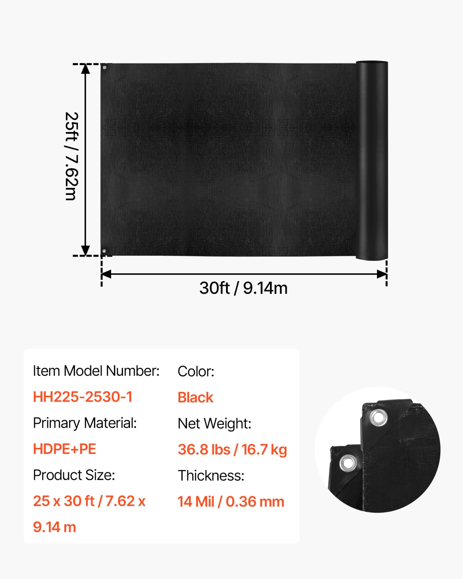25 x 30 ft Pond Liner, 14 Mil Thickness, Black
