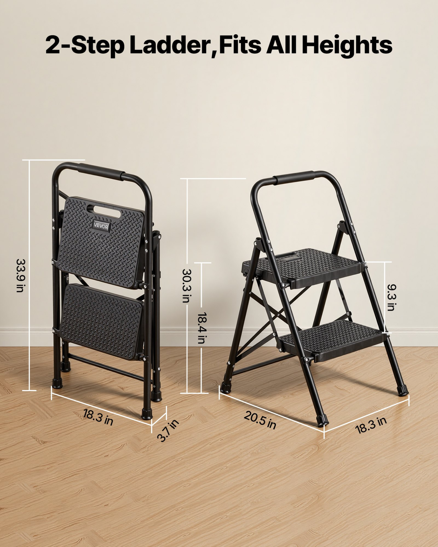 2 Step Ladder Folding Step Stool Anti-Slip Pedal Comfort Handgrip 600 lbs