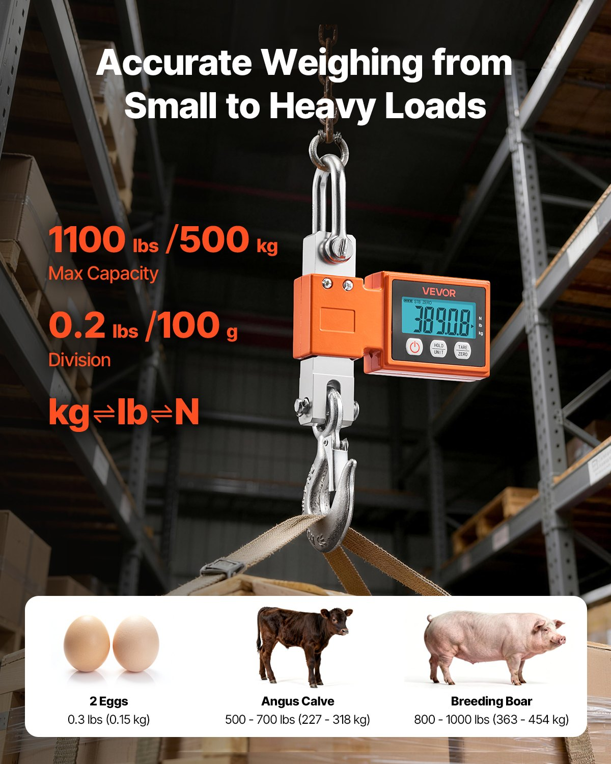 Digital Crane Scale 1100LB 500KG Heavy Duty Hanging Scale LCD 0.2LB Auto-Off