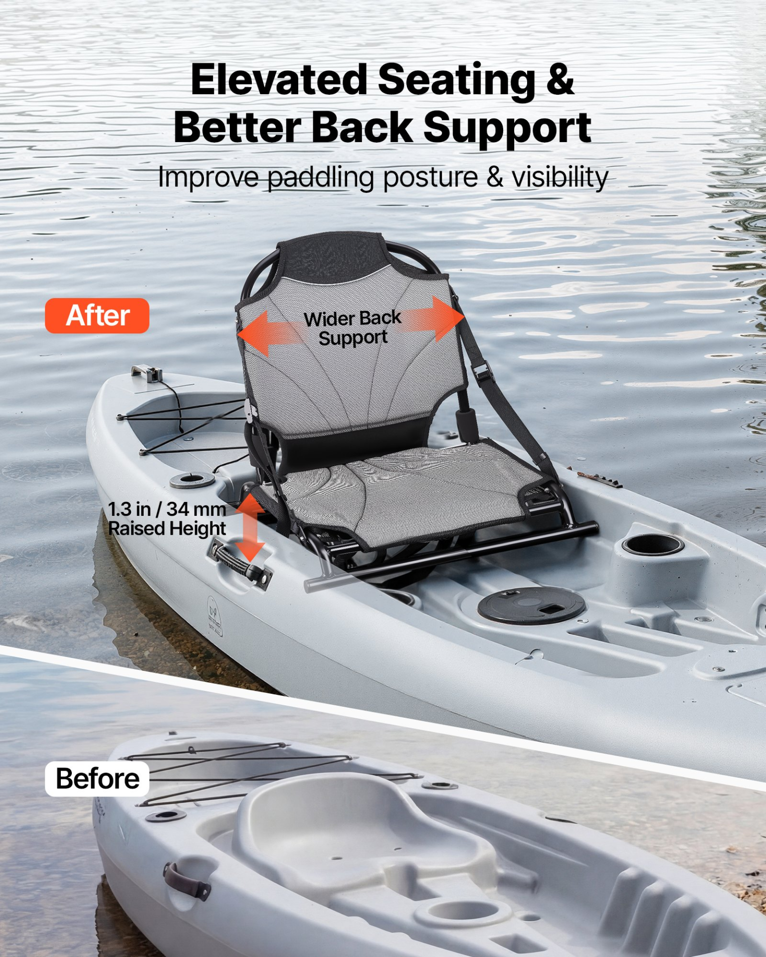 Seat Raised 1.3in, Foldable W/ Back Support For Sit-on-top Kayaks