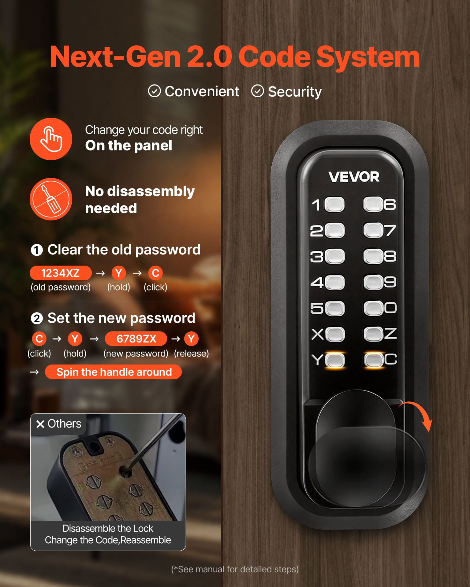 Mechanical Keyless Entry Door Lock, 2.0 Code Upgrade, 4-7 Digits Code, Black