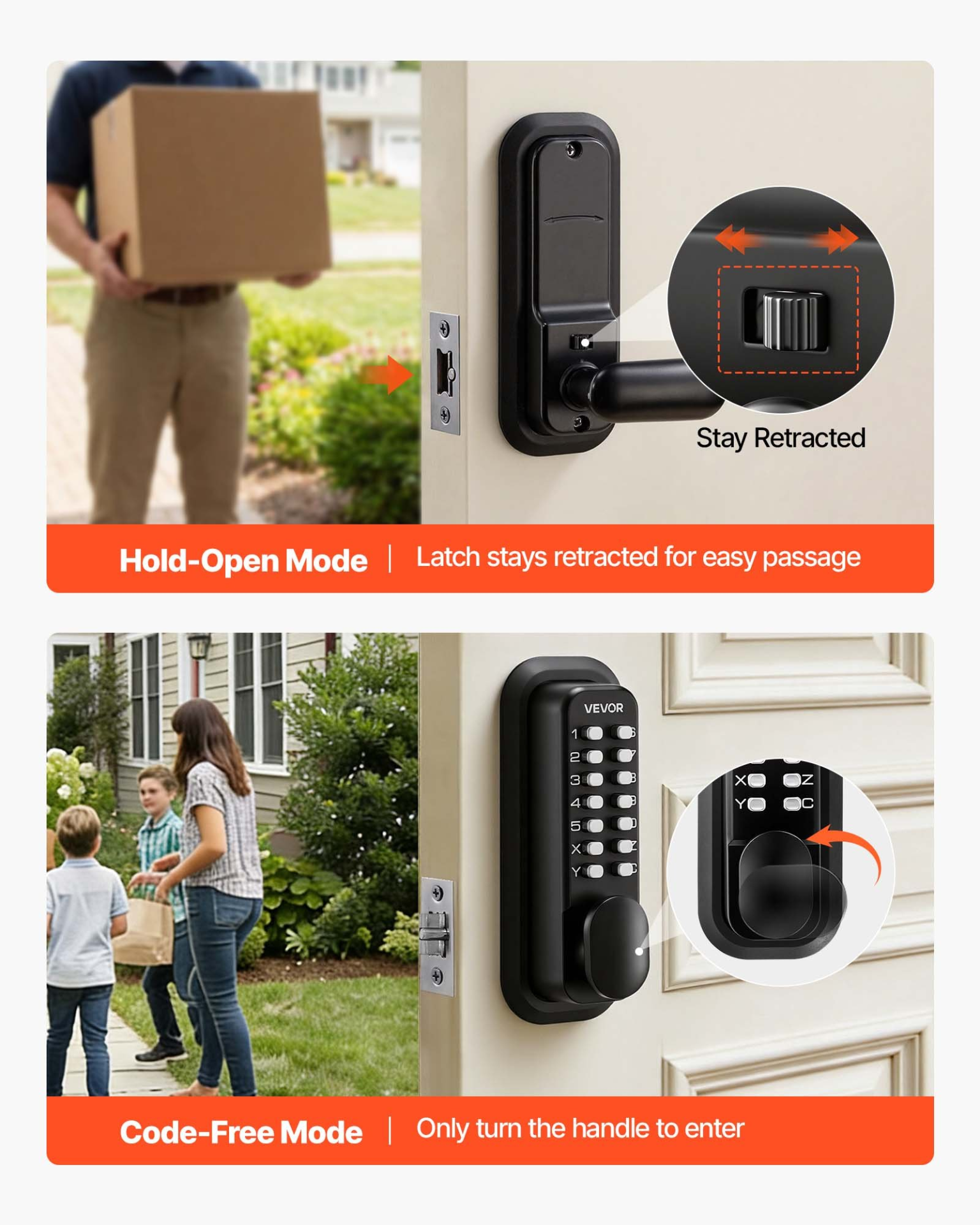 Mechanical Keyless Entry Door Lock, 2.0 Code Upgrade, 4-7 Digits Code, Black