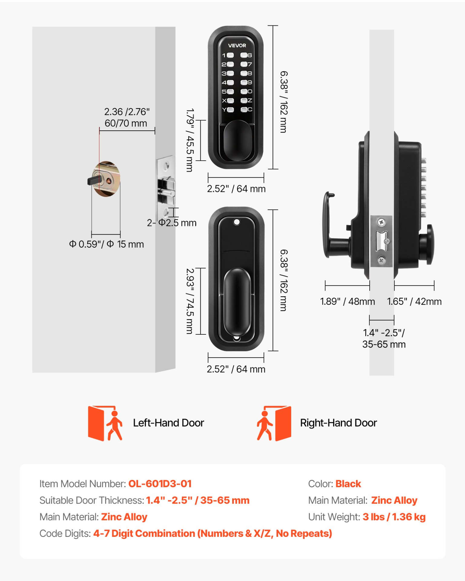 Mechanical Keyless Entry Door Lock, 2.0 Code Upgrade, 4-7 Digits Code, Black