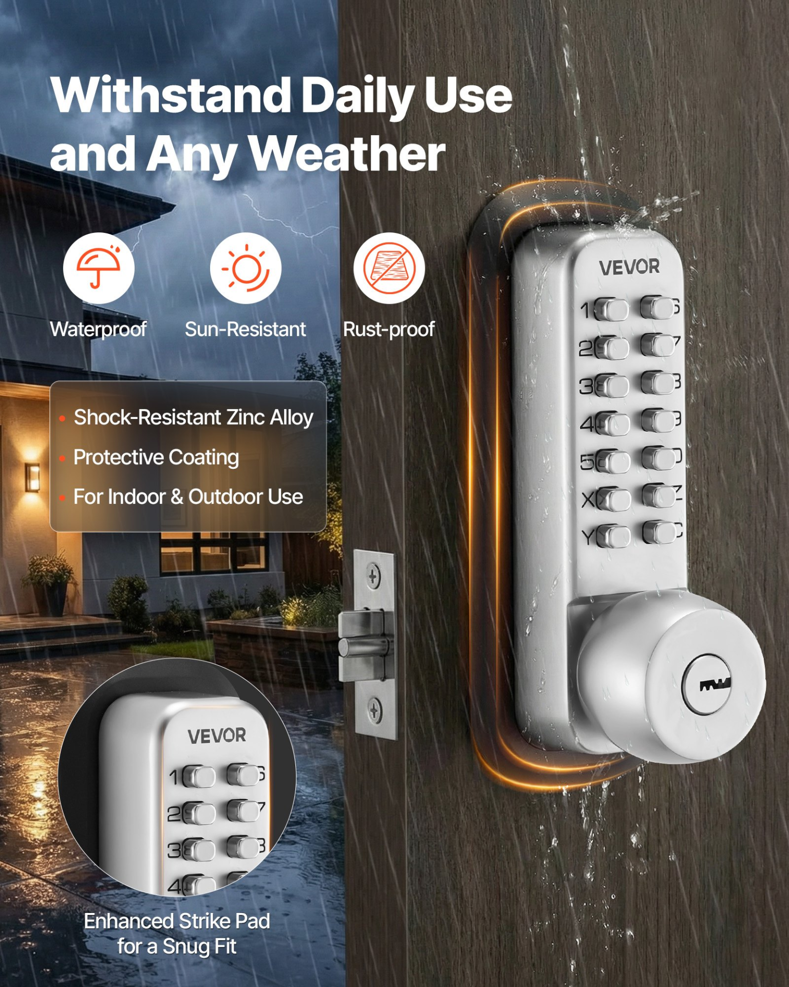 VEVOR Single-Side Keyless Door Lock, 4-7 Digit Push Button, Silver