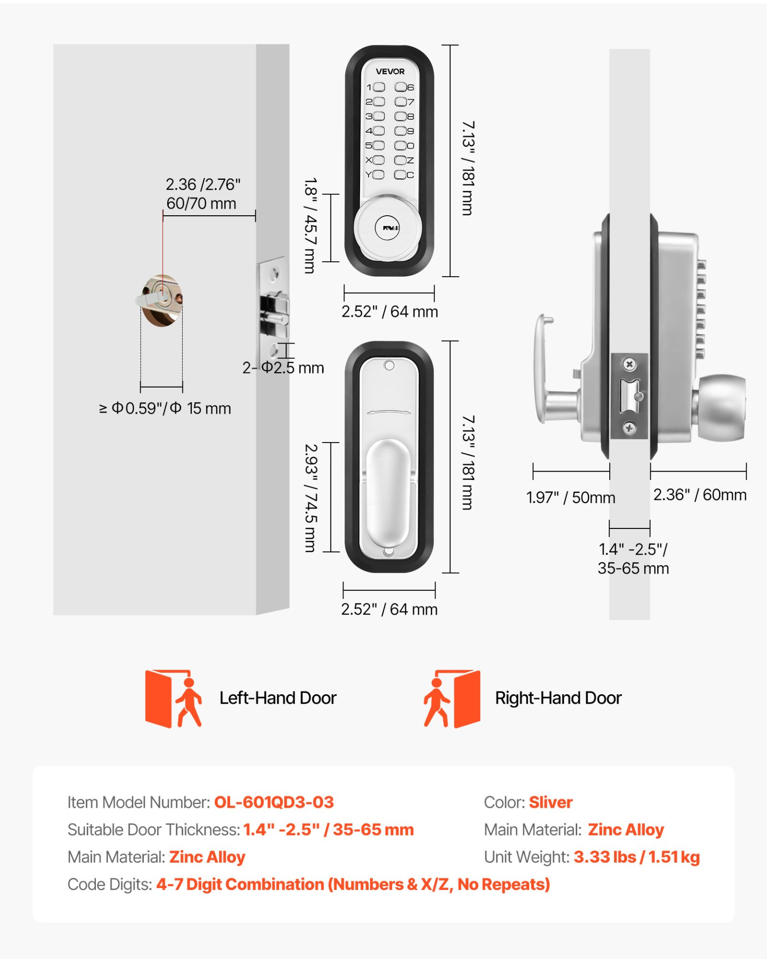 VEVOR Single-Side Keyless Door Lock, 4-7 Digit Push Button, Silver