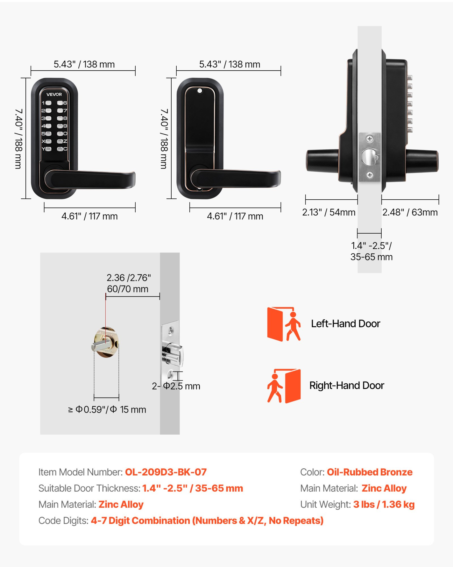 VEVOR Keyless Entry Door Lock w/ Handle, 4-7 Digit Keypad, Auto-Lock, Bronze