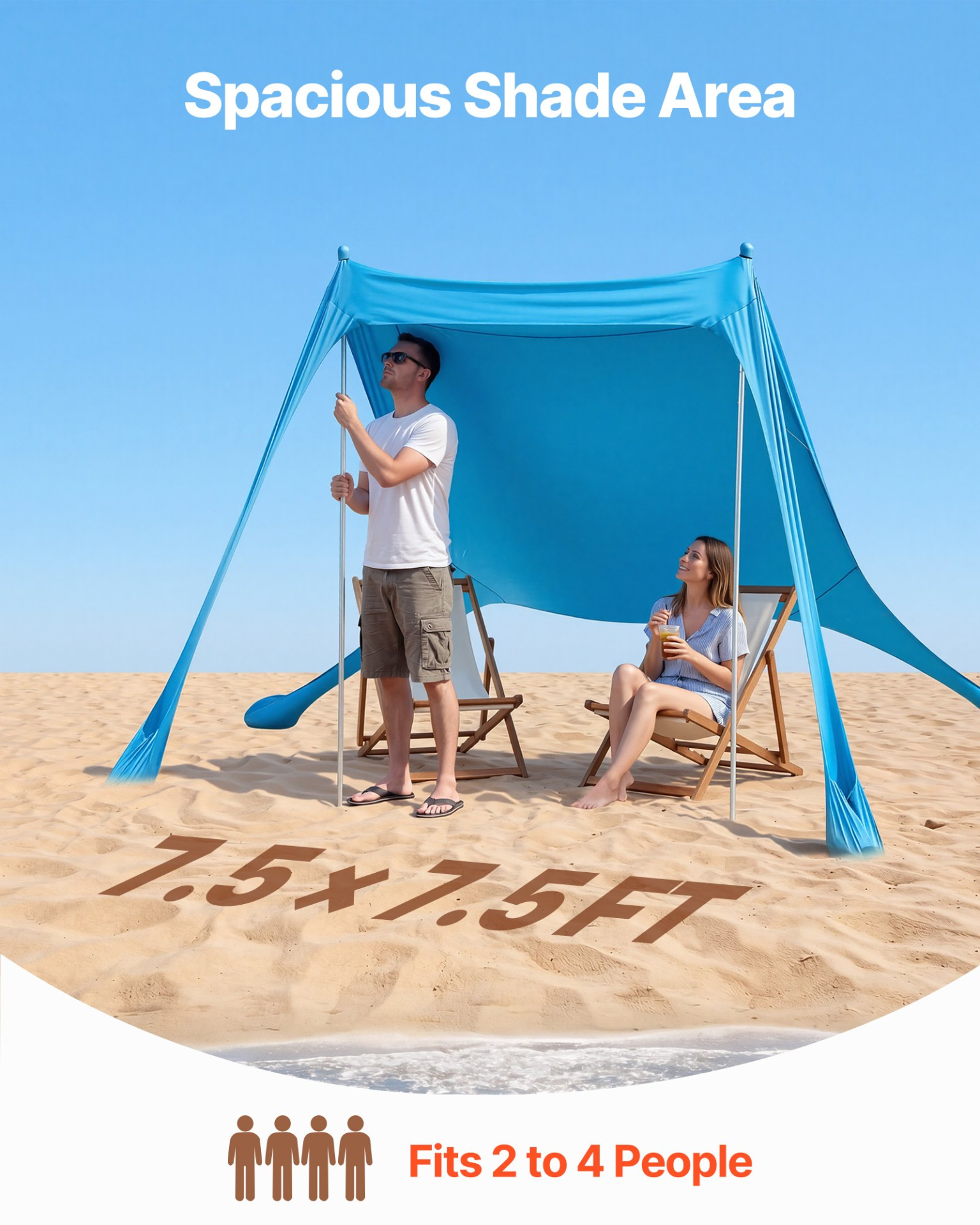 Beach Tent Sun Shelter UPF50+ Pop Up Canopy 7.5×7.5ft, 6.6ft Tall