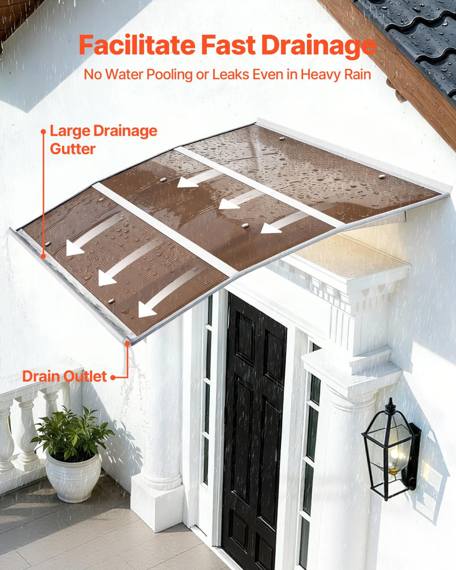 Door Awning Canopy 39×59 in Polycarbonate Metal Bracket Rain Sun Brown