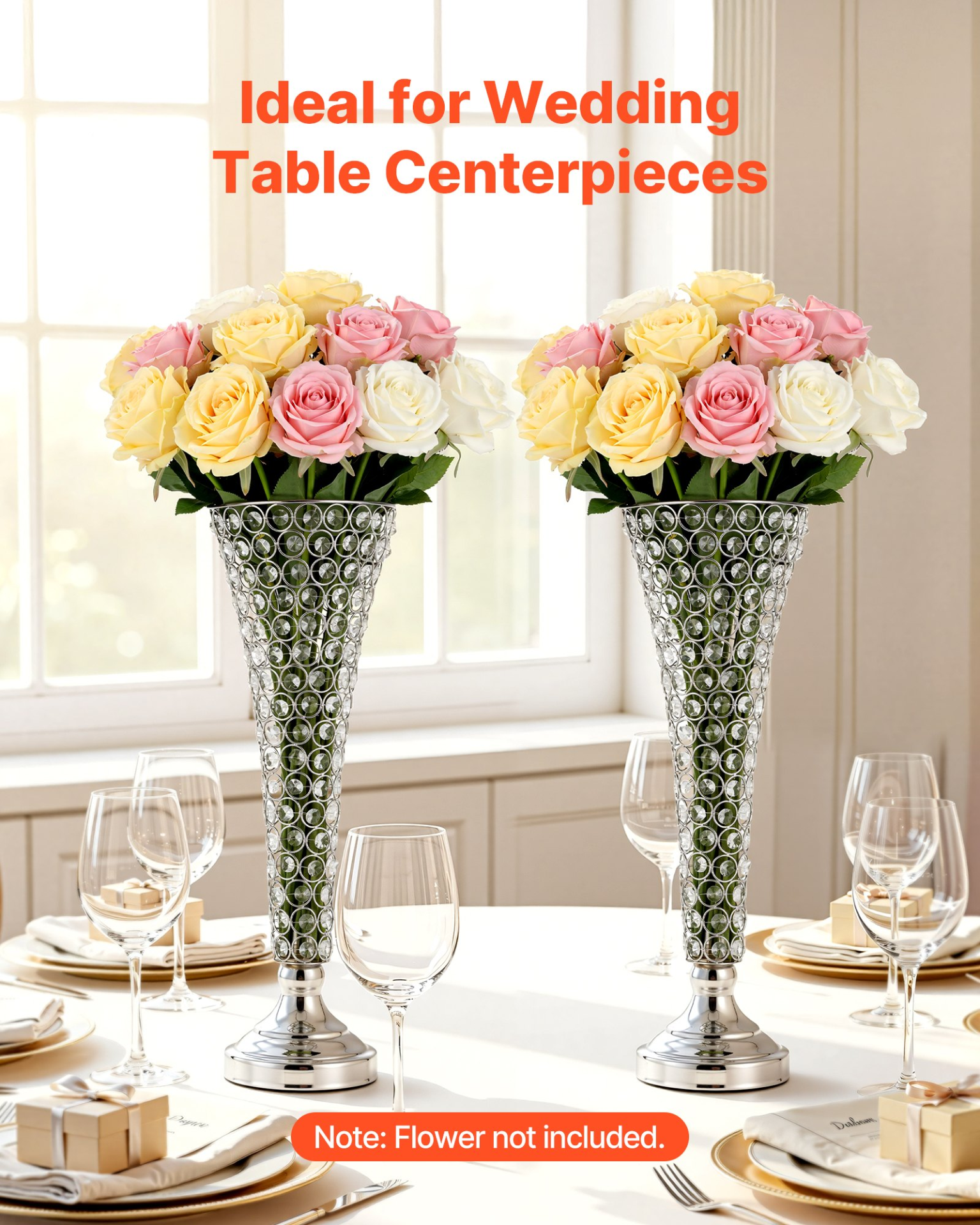 4PCS Crystal Wedding Flower Vases 20” Tall Table Centerpieces Silver