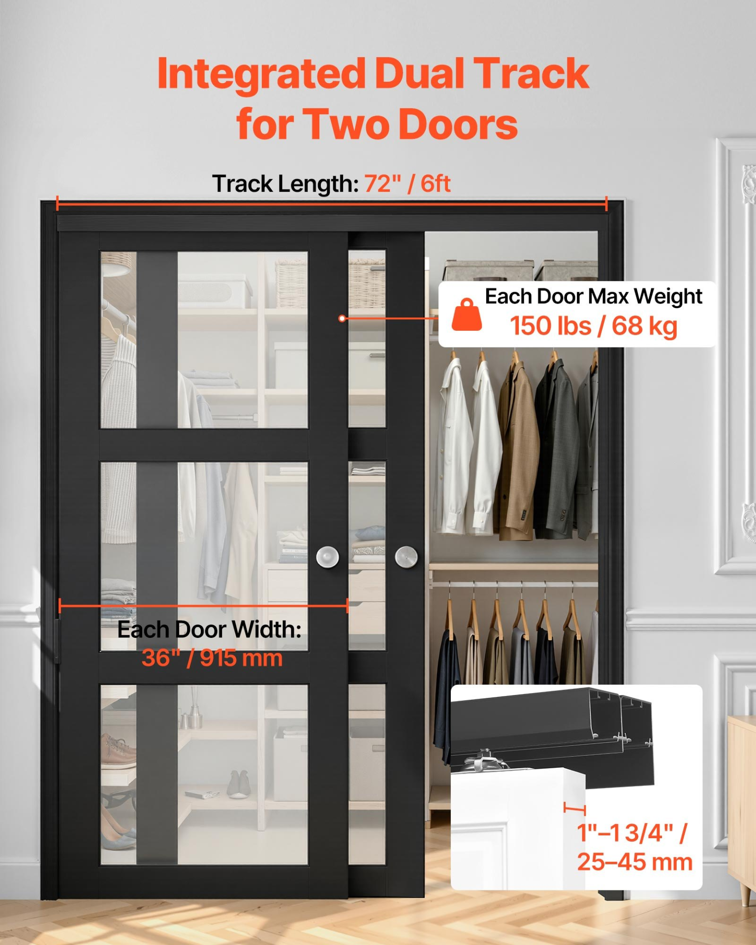 6ft Bypass Sliding Door Hardware Kit Dual Track for 36in 2 Door Closet