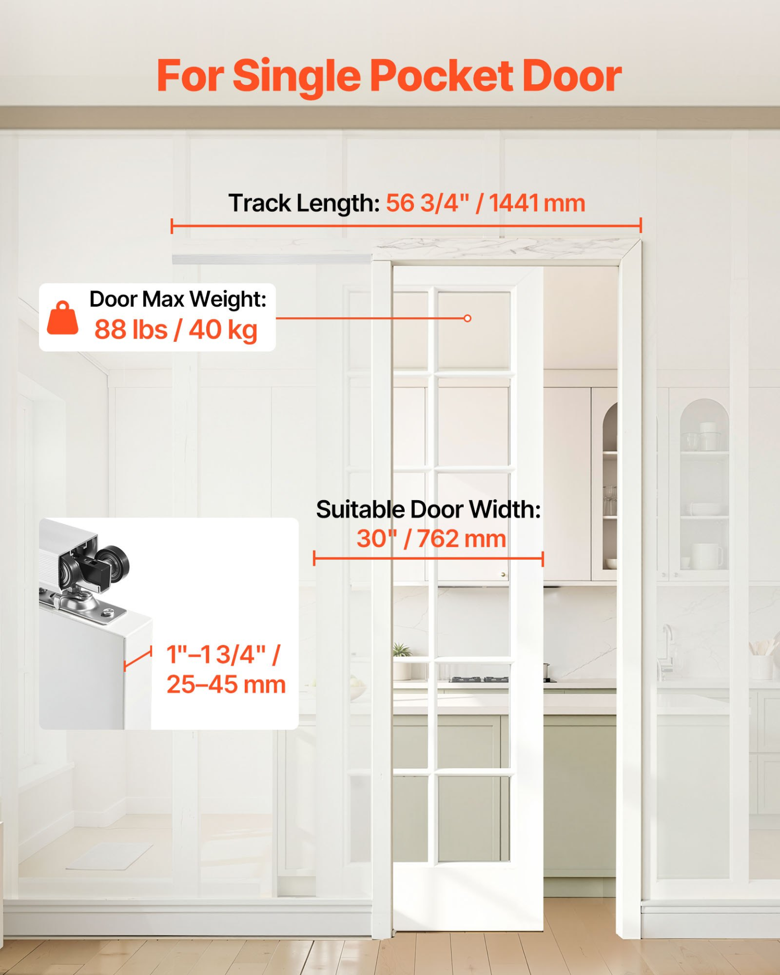 56.7in Pocket Door Track Kit Soft Close for 30in Single Door 1–1.75in