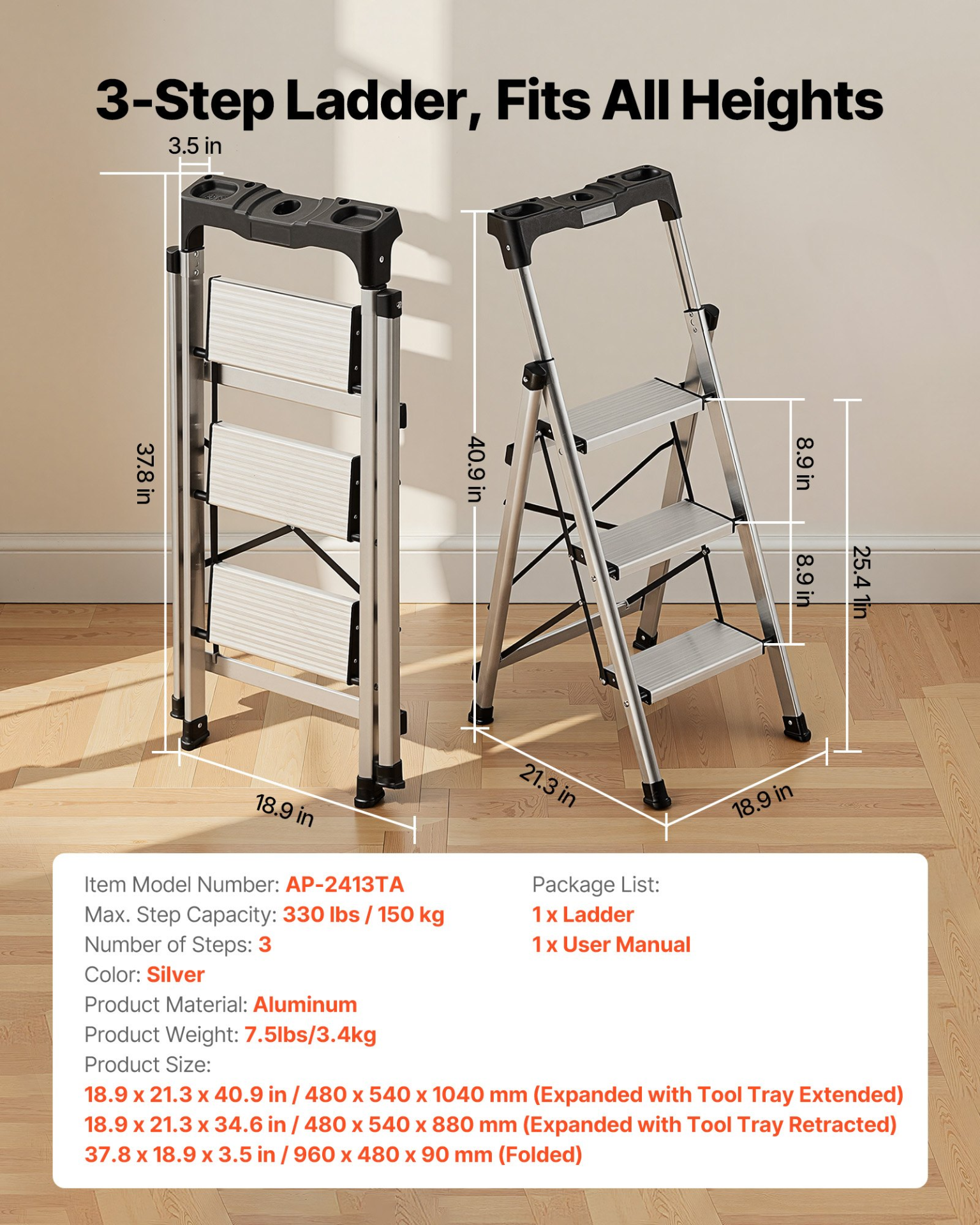 3 Step Ladder Folding Aluminum Step Stool 330lb w/ Handrail Silver