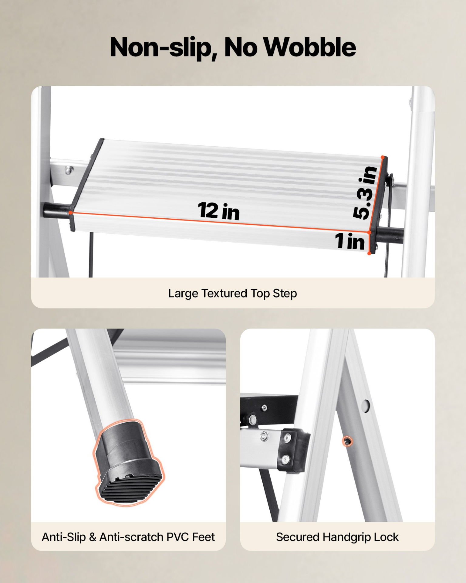 3 Step Ladder Folding Aluminum Step Stool 330lb w/ Handrail Silver