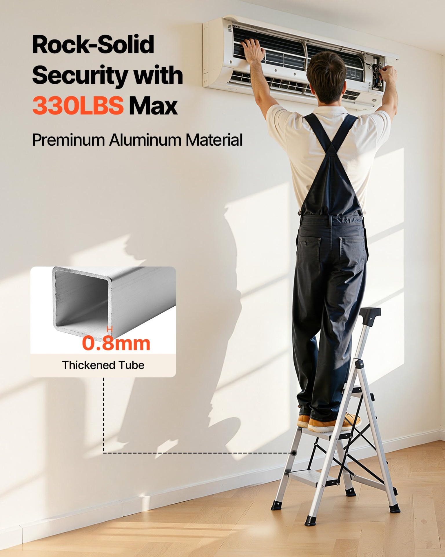 3 Step Ladder Folding Aluminum Step Stool 330lb w/ Handrail Silver
