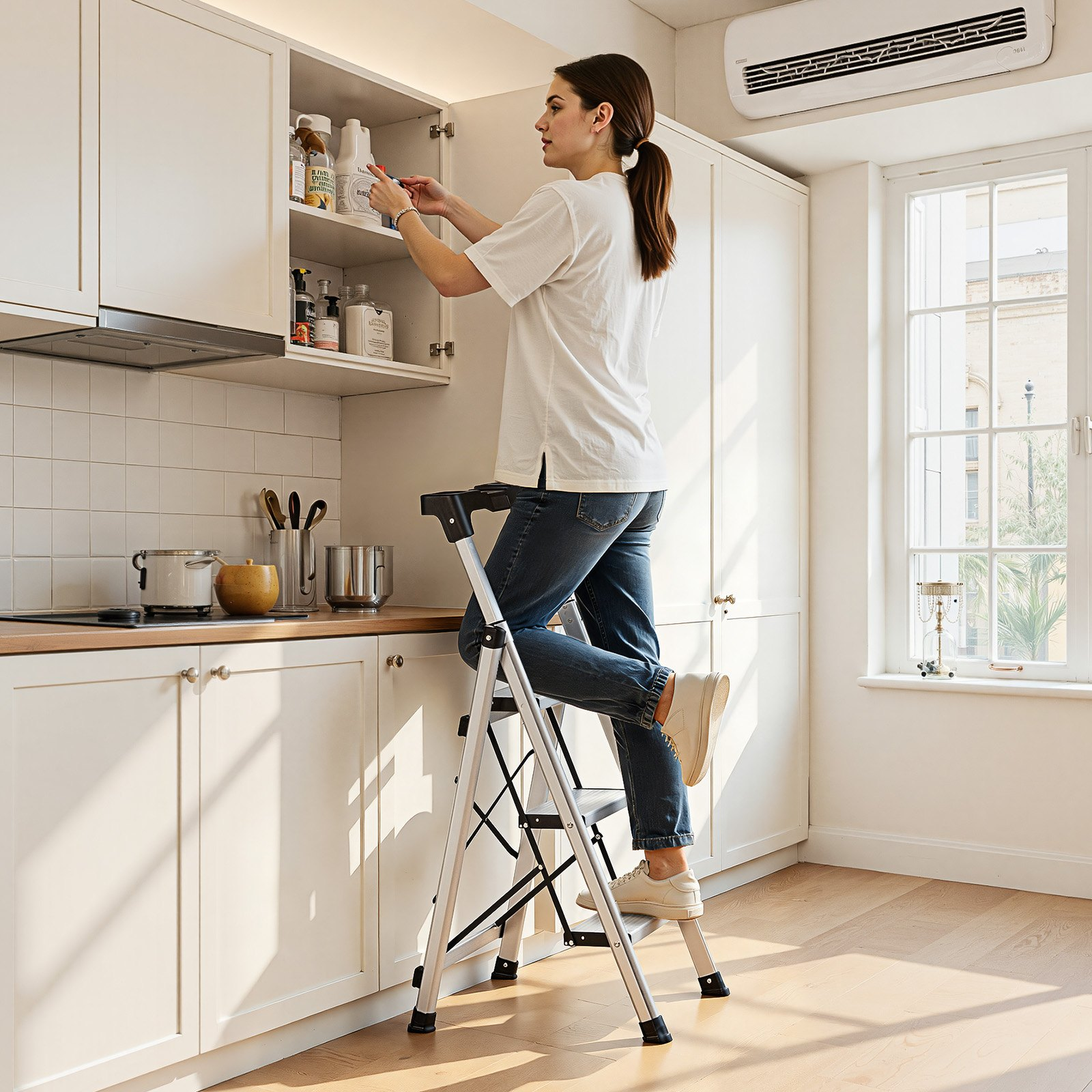 3 Step Ladder Folding Aluminum Step Stool 330lb w/ Handrail Silver
