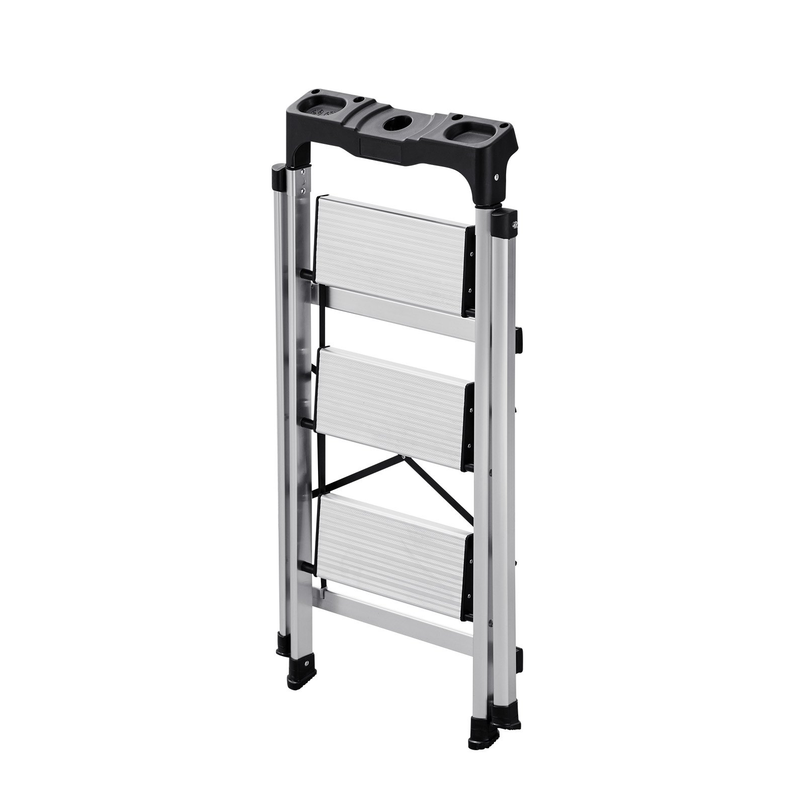 3 Step Ladder Folding Aluminum Step Stool 330lb w/ Handrail Silver
