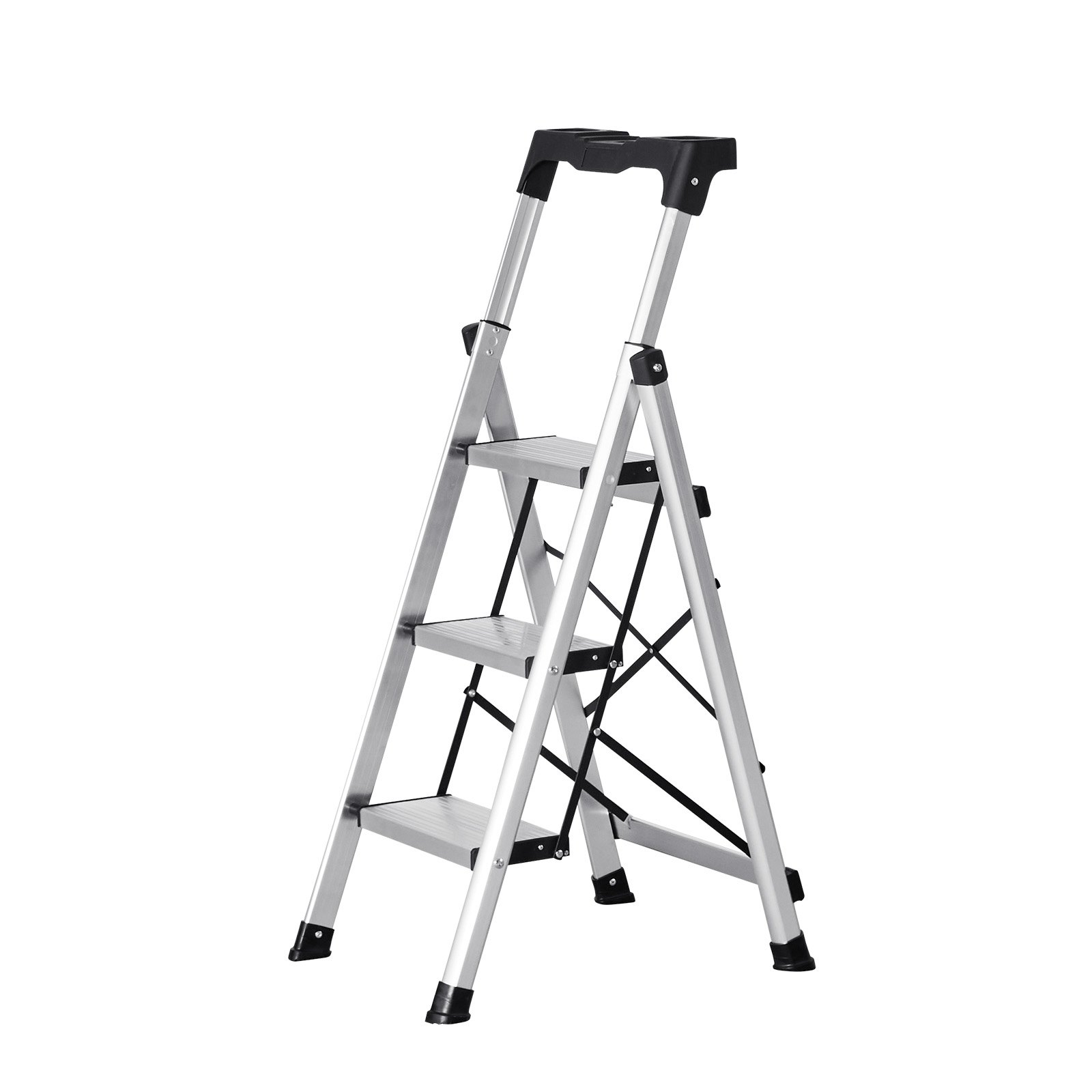 3 Step Ladder Folding Aluminum Step Stool 330lb w/ Handrail Silver