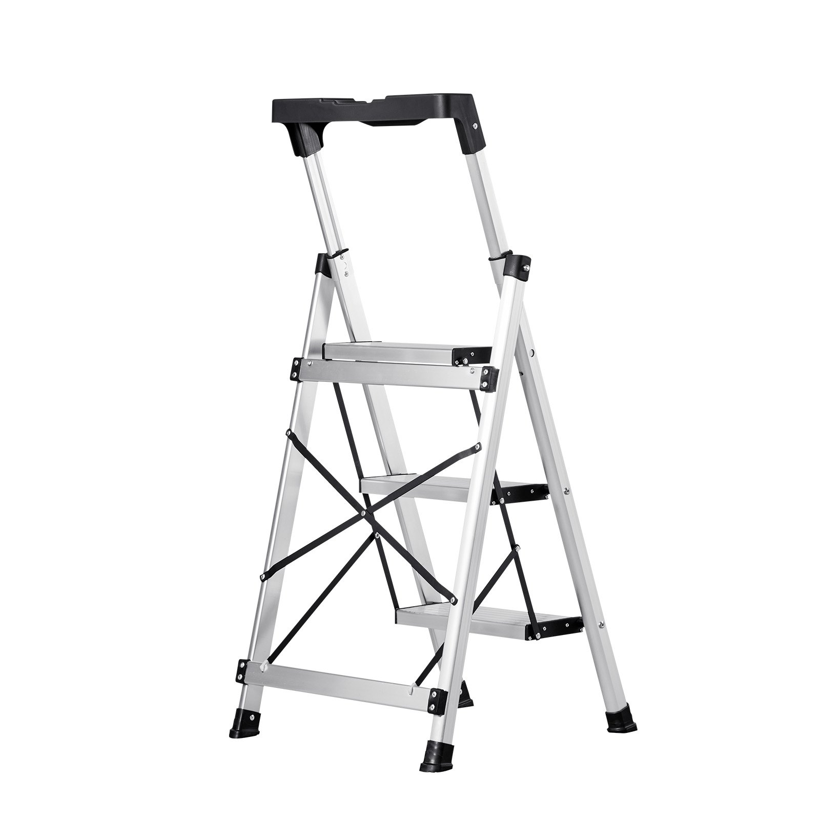 3 Step Ladder Folding Aluminum Step Stool 330lb w/ Handrail Silver