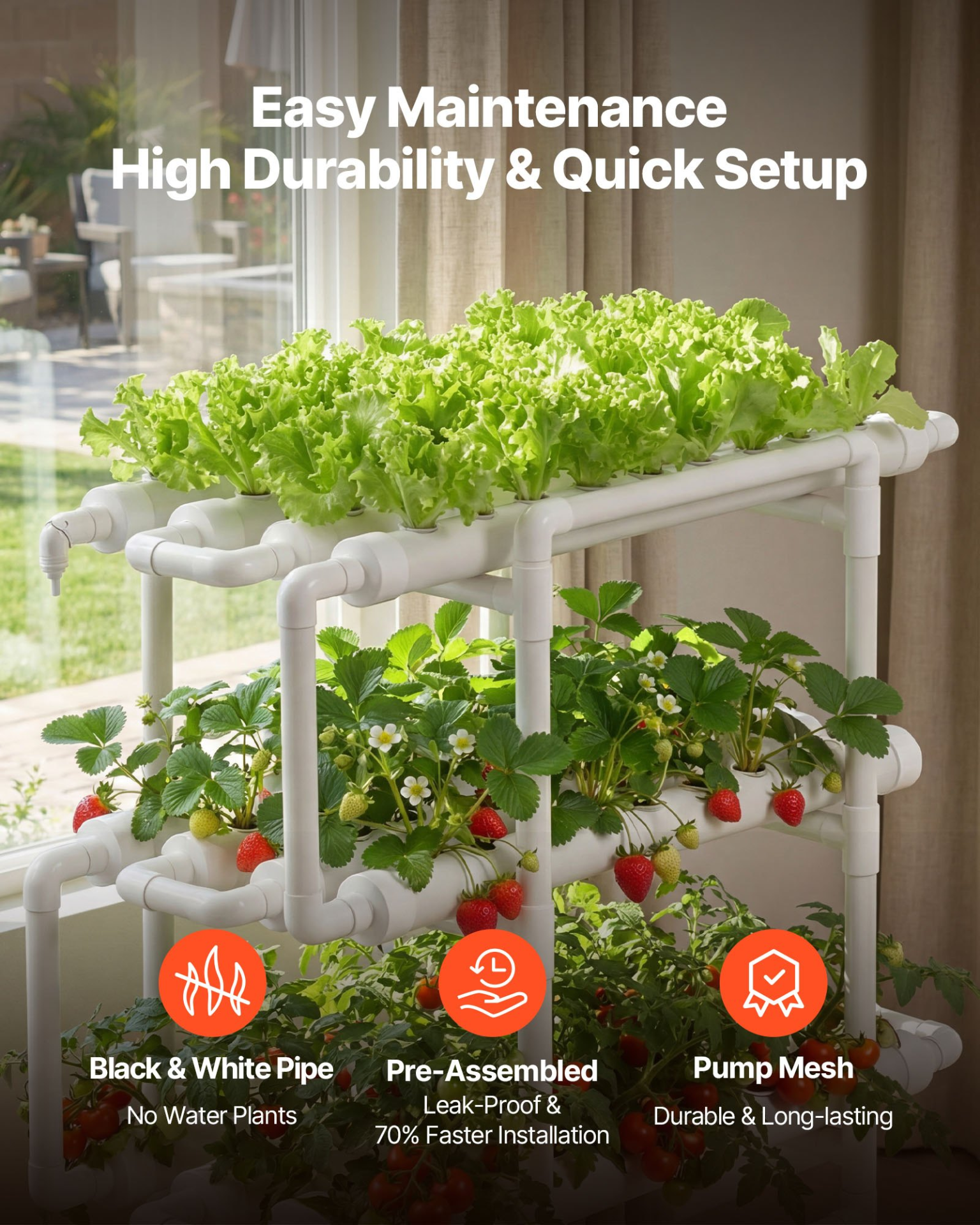 Hydroponic Grow Kit 3-Tier 108 Sites UPVC Pipe Timed Irrigation System