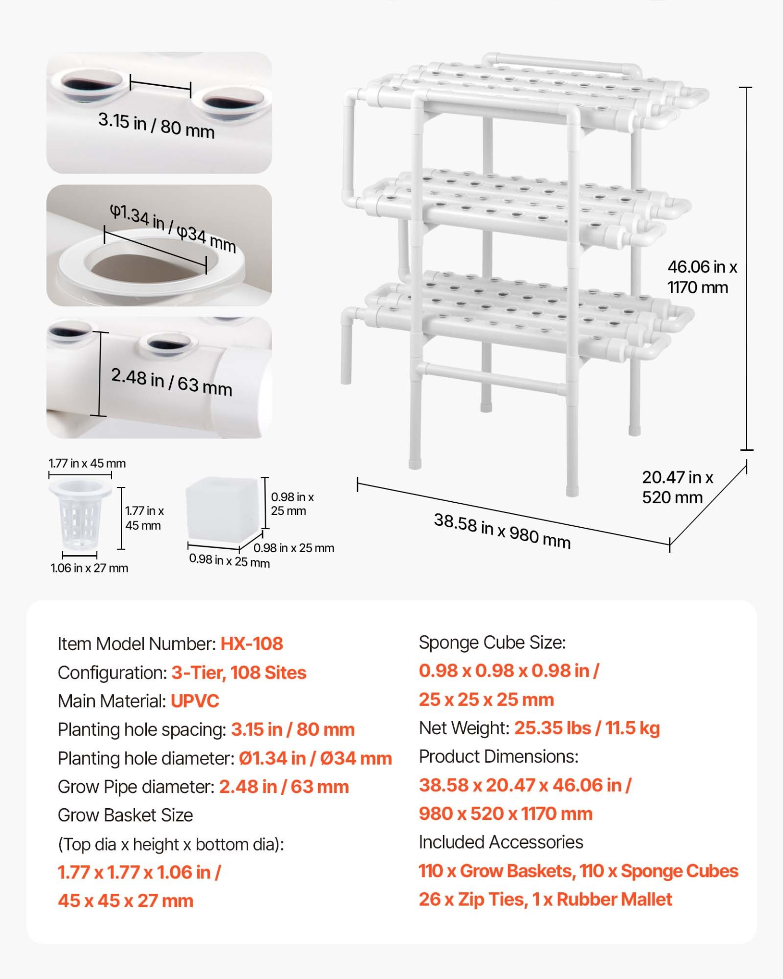 Hydroponic Grow Kit 3-Tier 108 Sites UPVC Pipe Timed Irrigation System