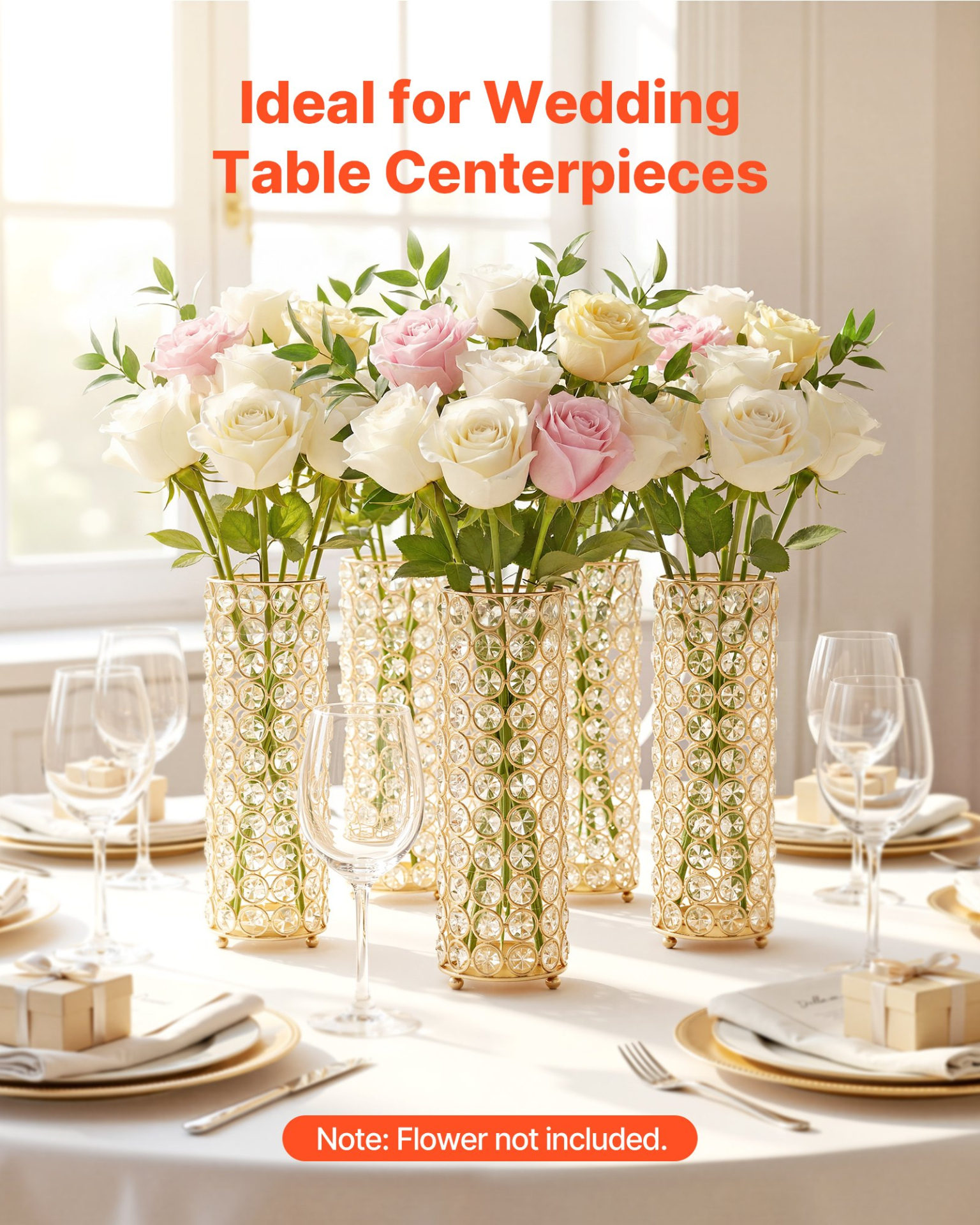 16PCS Crystal Wedding Flower Vases 10.24” Tall Table Centerpieces Gold