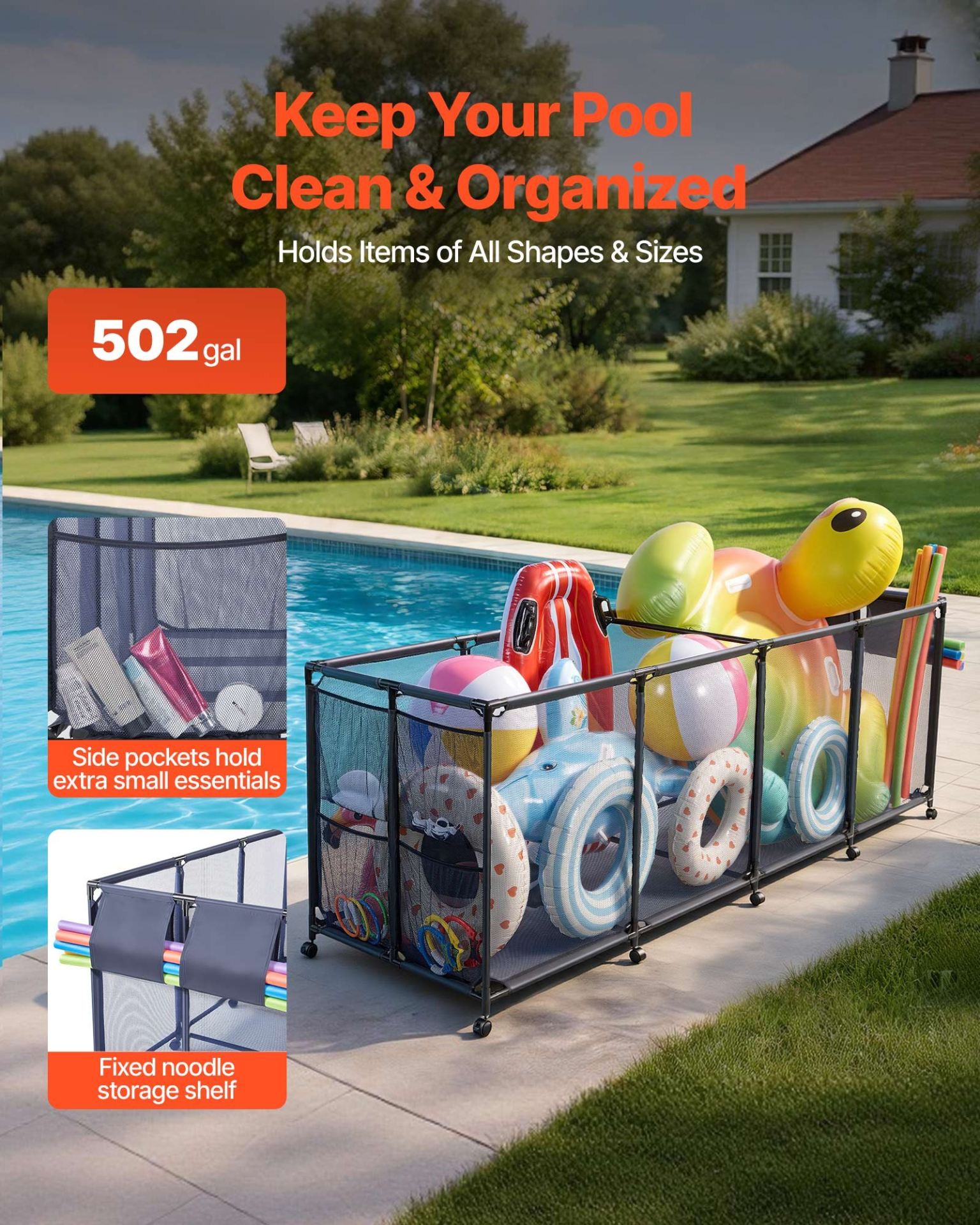 Pool Storage Bin, Poolside Toys Breathable Mesh Basket for Swimming Pools