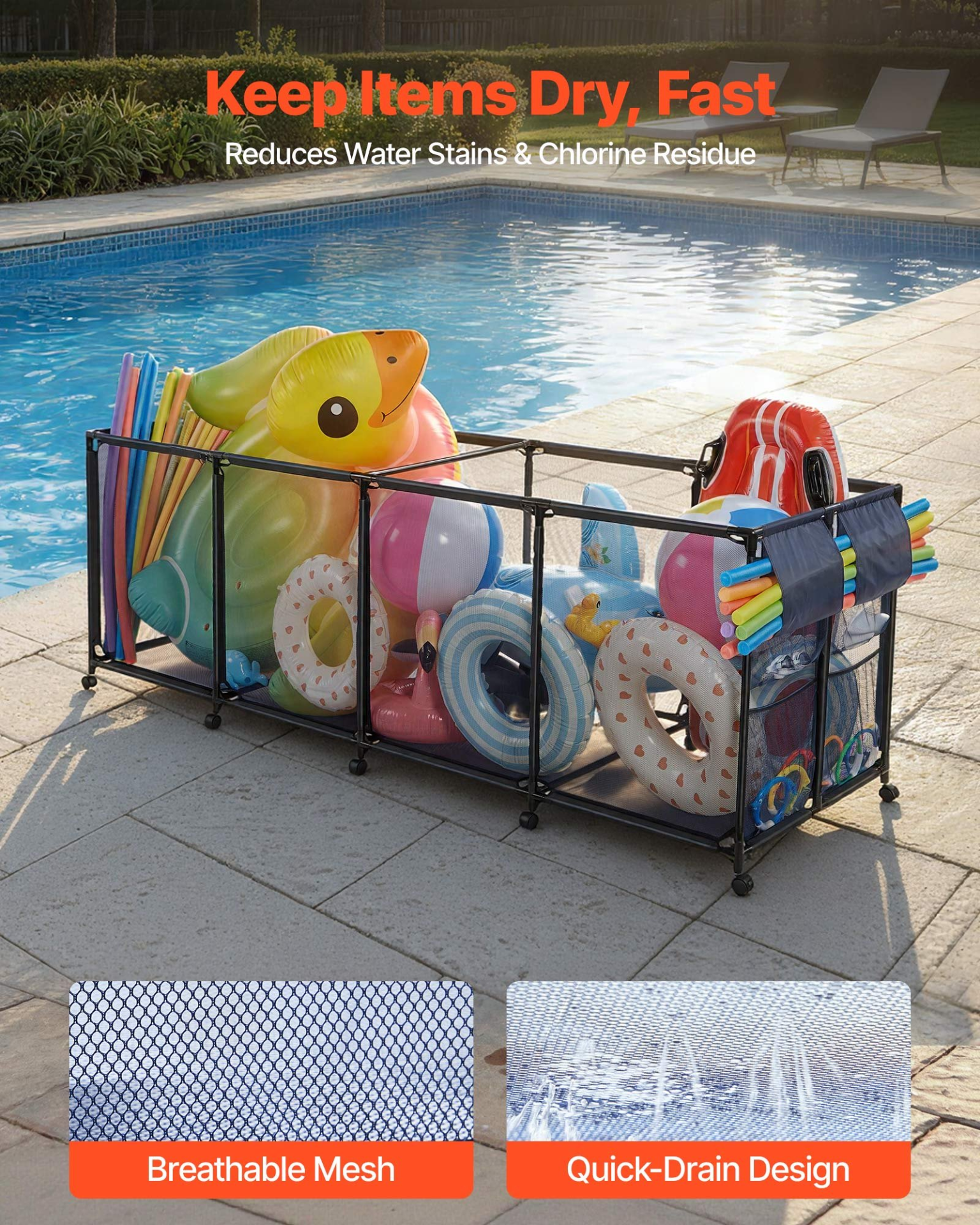 Pool Storage Bin, Poolside Toys Breathable Mesh Basket for Swimming Pools