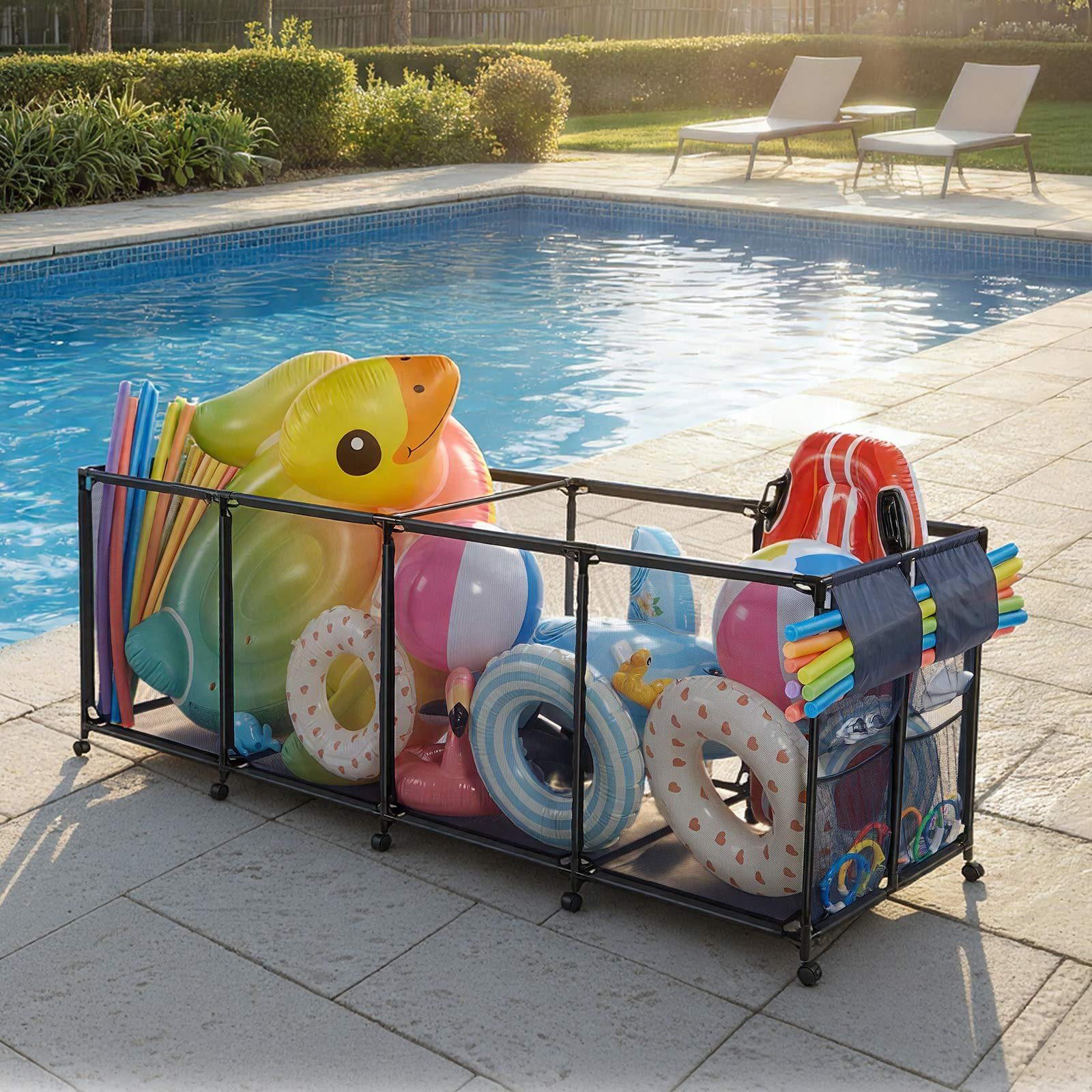 Pool Storage Bin, Poolside Toys Breathable Mesh Basket for Swimming Pools