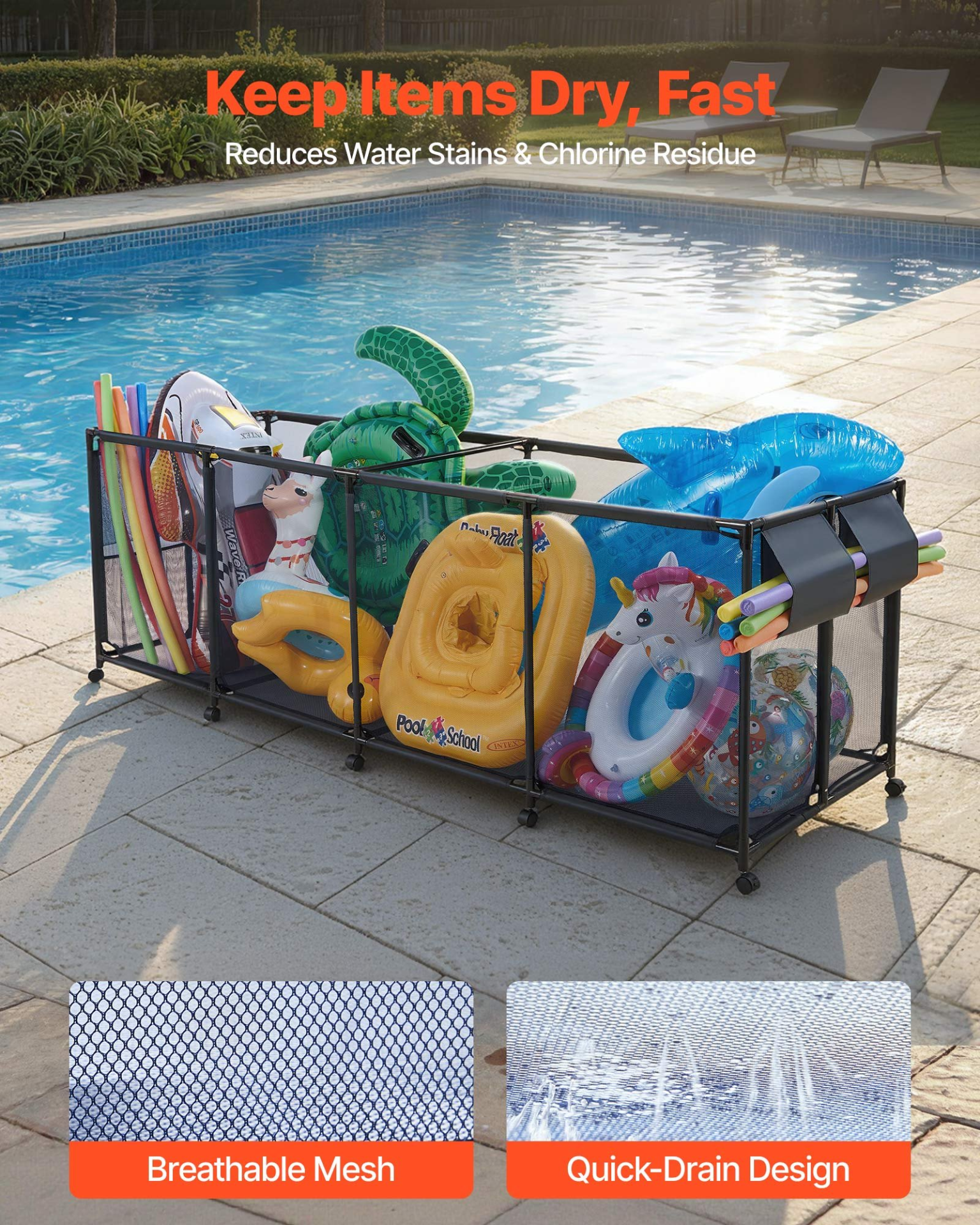 Pool Storage Bin, Poolside Toys Breathable Mesh Basket for Swimming Pools